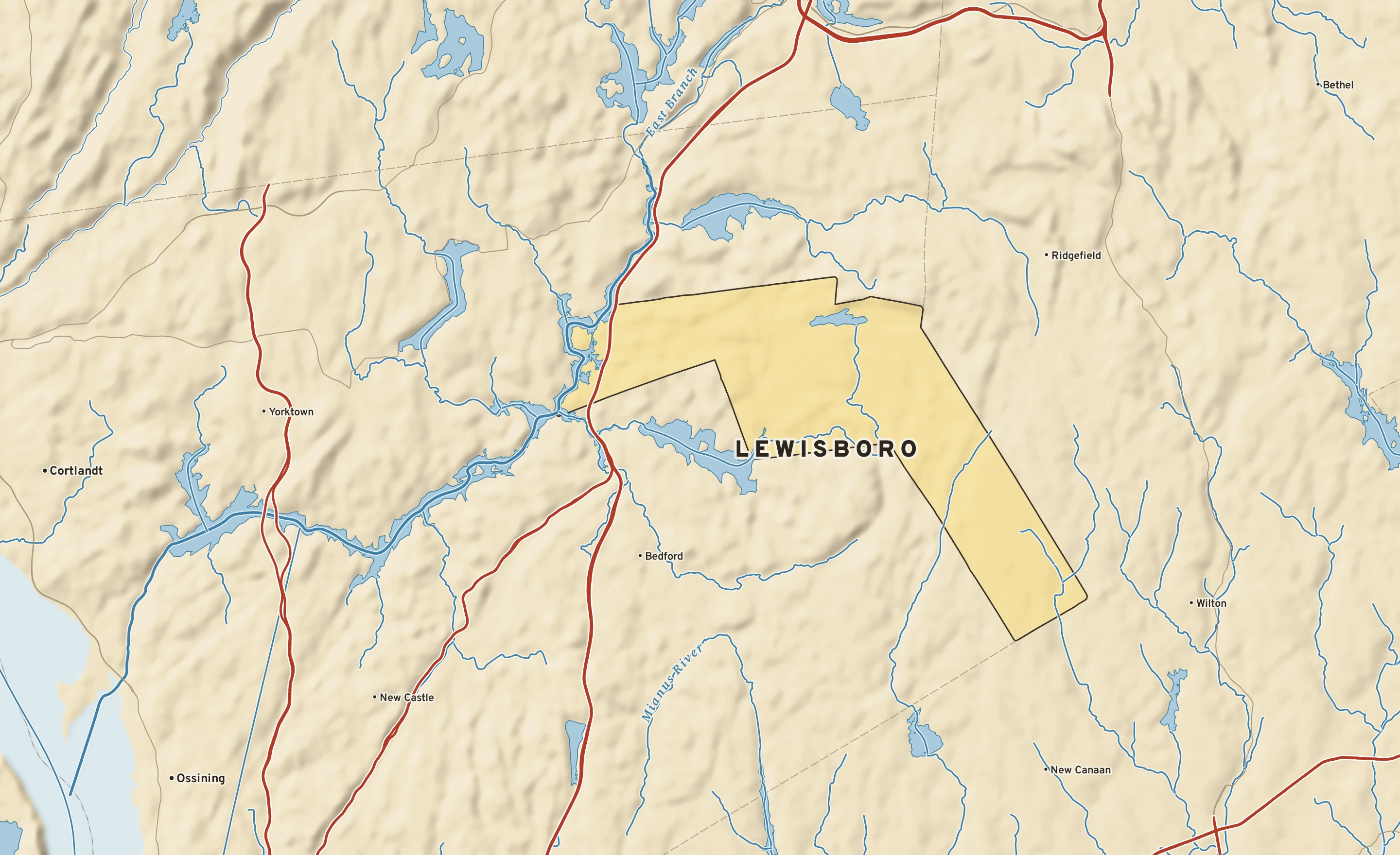 Shaded-relief atlas plate of Lewisboro, New York: rivers, roads, the city limits and where the water drains.