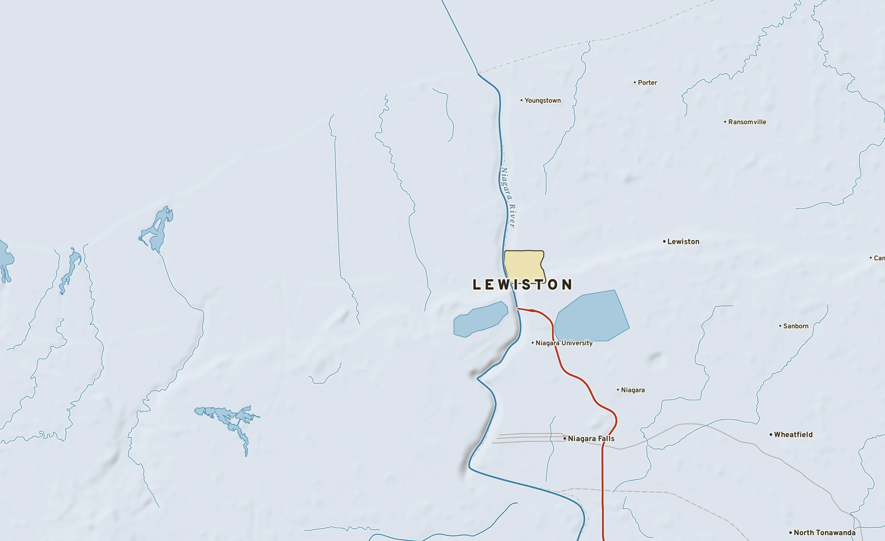 Shaded-relief atlas plate of Lewiston, New York: rivers, roads, the city limits and where the water drains.