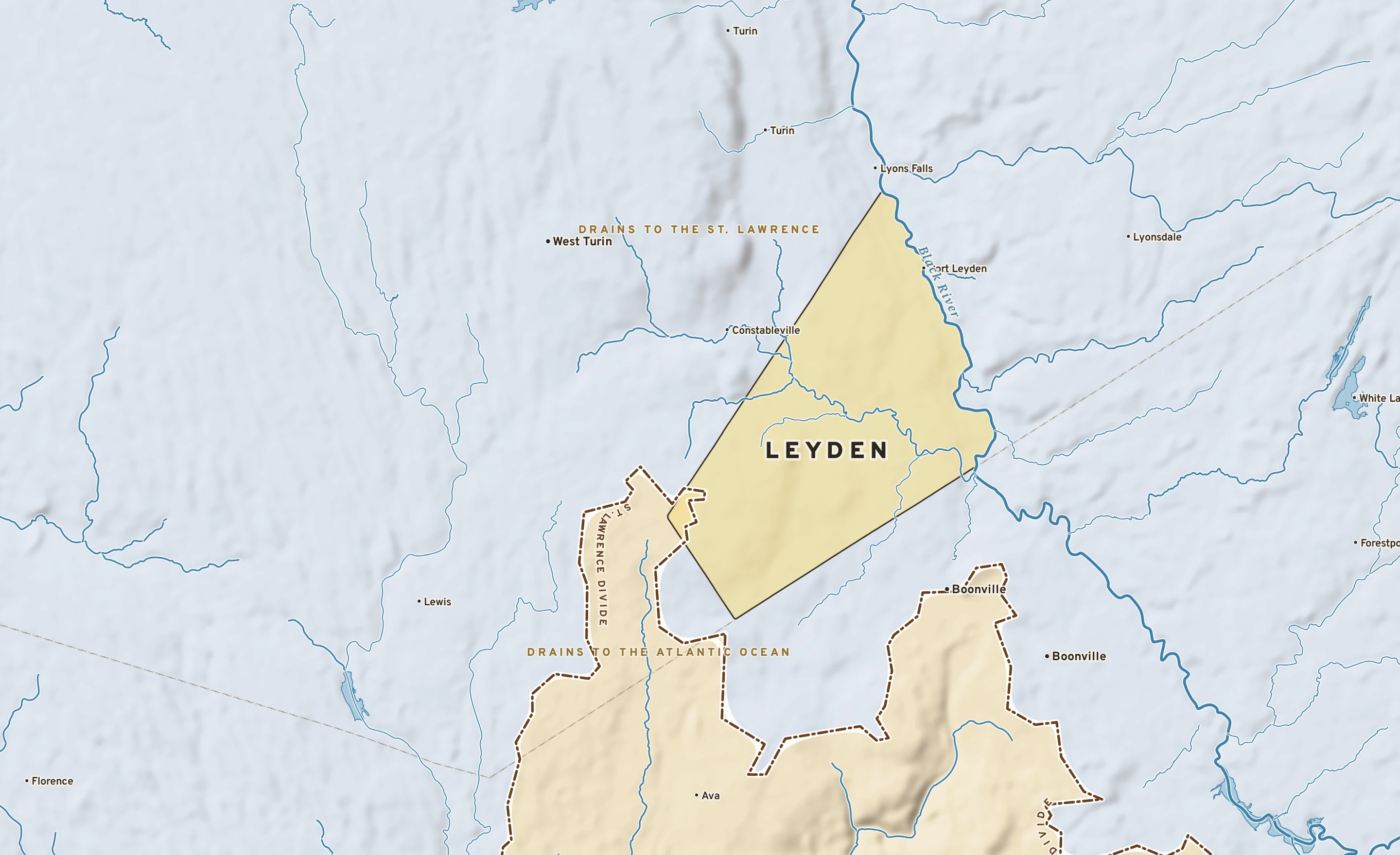 Shaded-relief atlas plate of Leyden, New York: rivers, roads, the city limits and where the water drains.