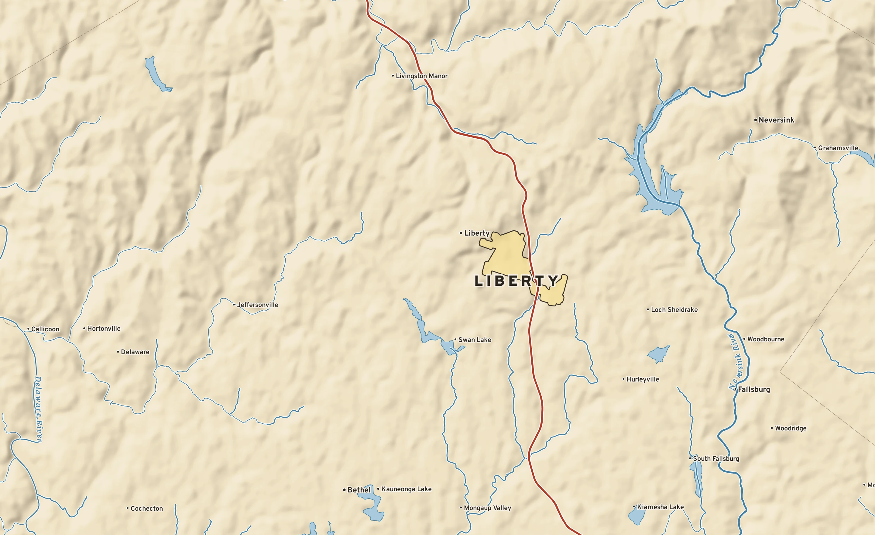 Shaded-relief atlas plate of Liberty, New York: rivers, roads, the city limits and where the water drains.