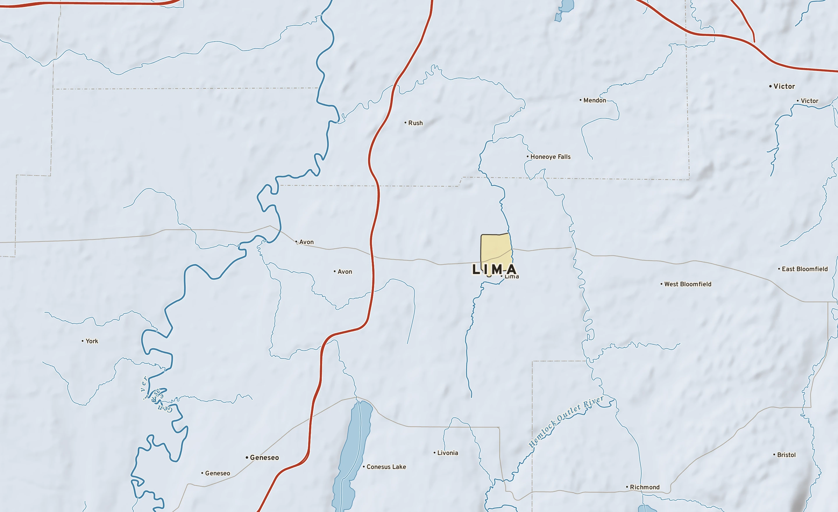 Shaded-relief atlas plate of Lima, New York: rivers, roads, the city limits and where the water drains.