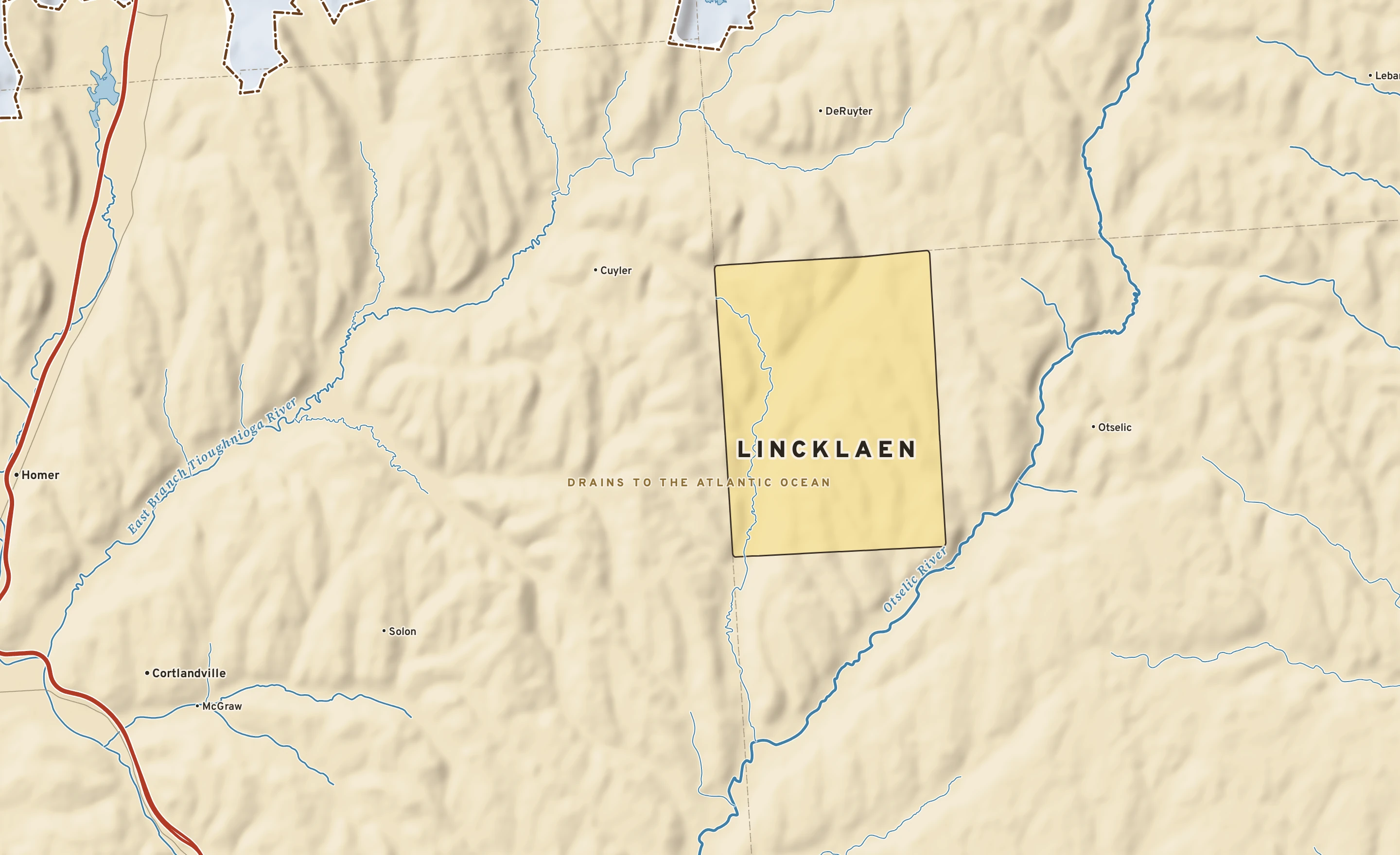 Shaded-relief atlas plate of Lincklaen, New York: rivers, roads, the city limits and where the water drains.