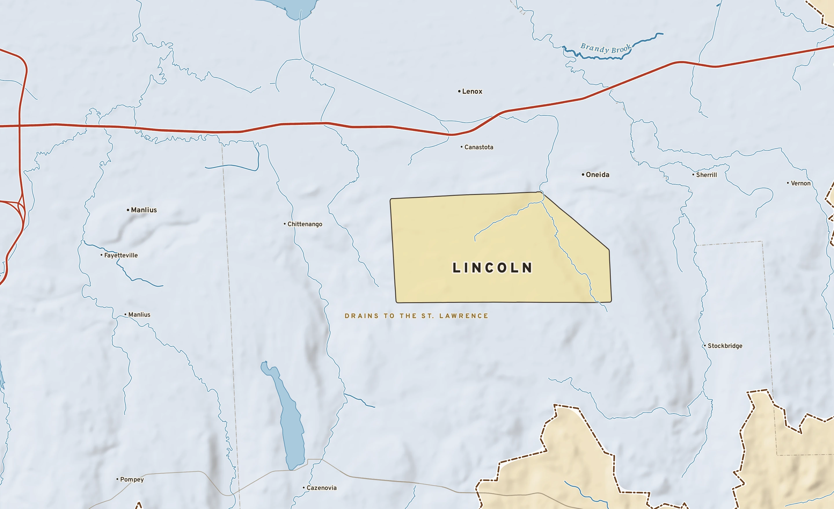 Shaded-relief atlas plate of Lincoln, New York: rivers, roads, the city limits and where the water drains.