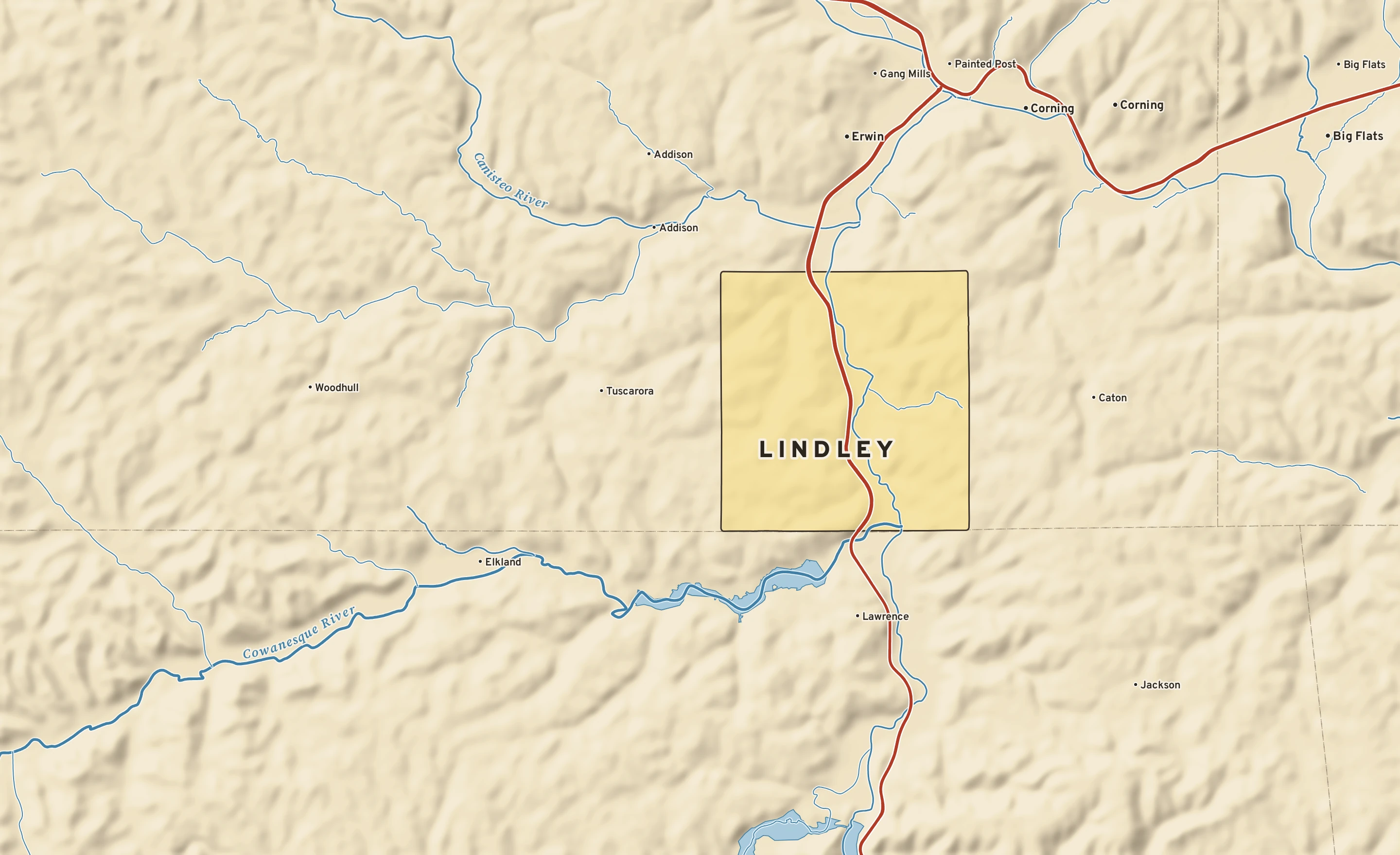 Shaded-relief atlas plate of Lindley, New York: rivers, roads, the city limits and where the water drains.