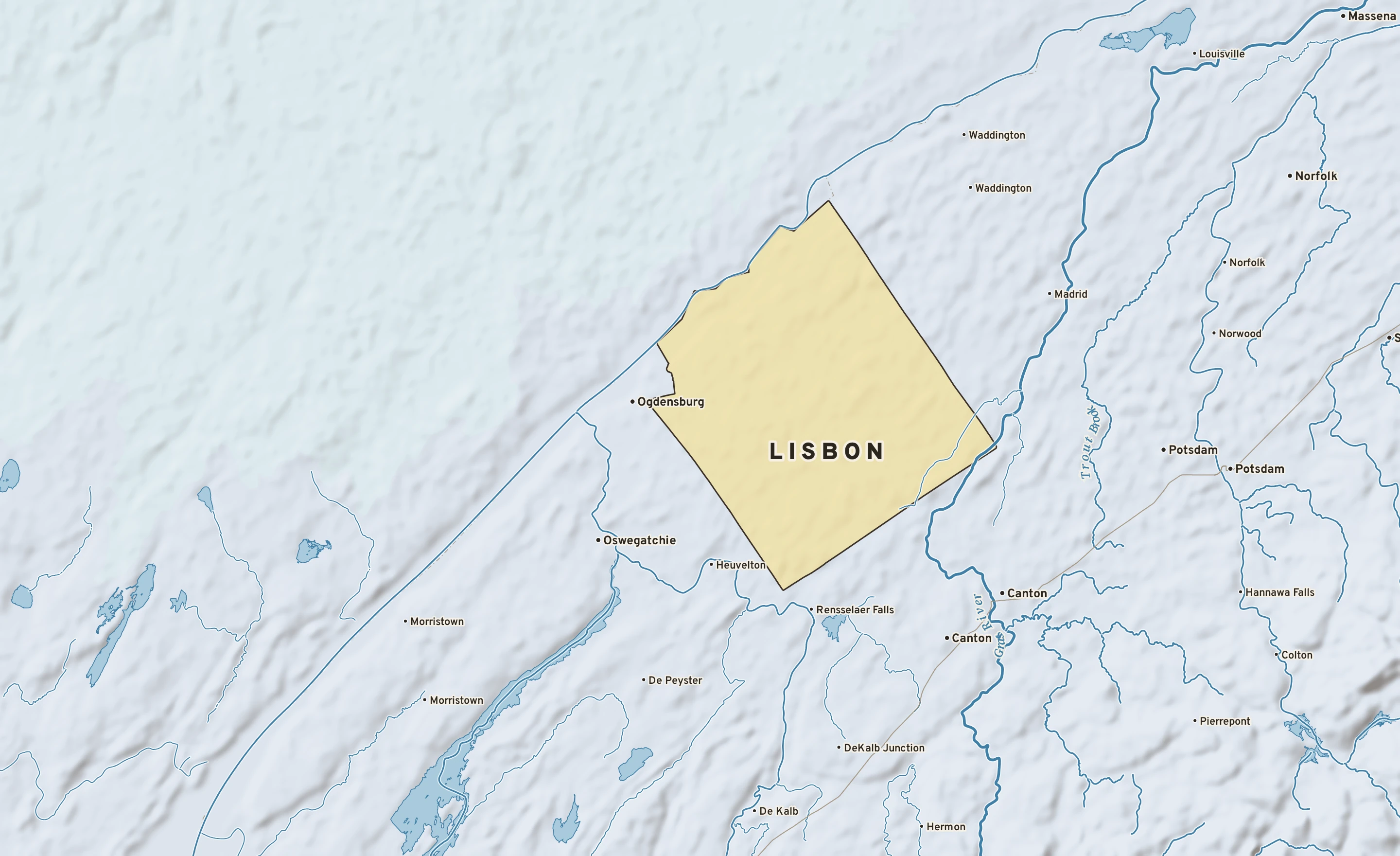 Shaded-relief atlas plate of Lisbon, New York: rivers, roads, the city limits and where the water drains.