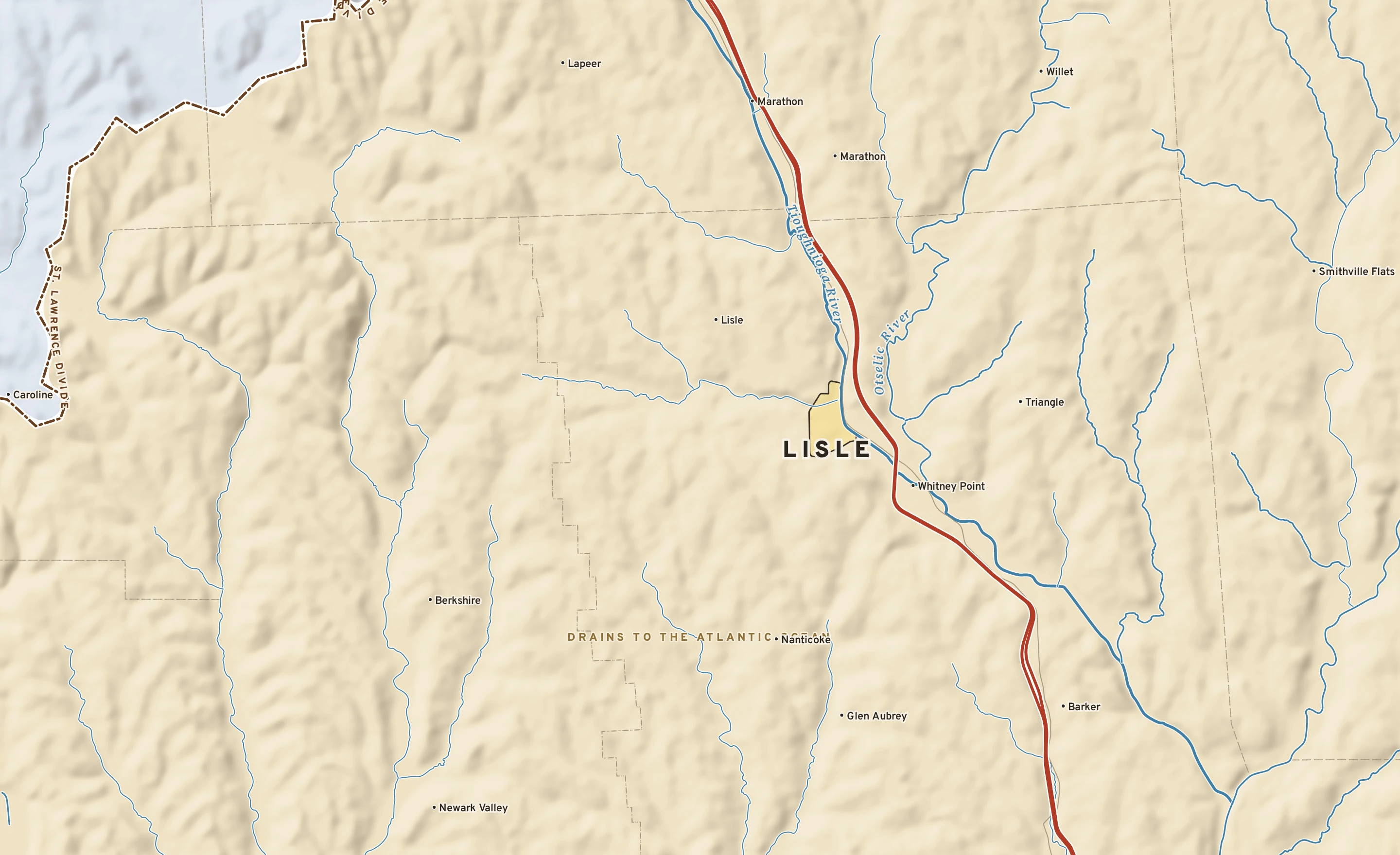 Shaded-relief atlas plate of Lisle, New York: rivers, roads, the city limits and where the water drains.