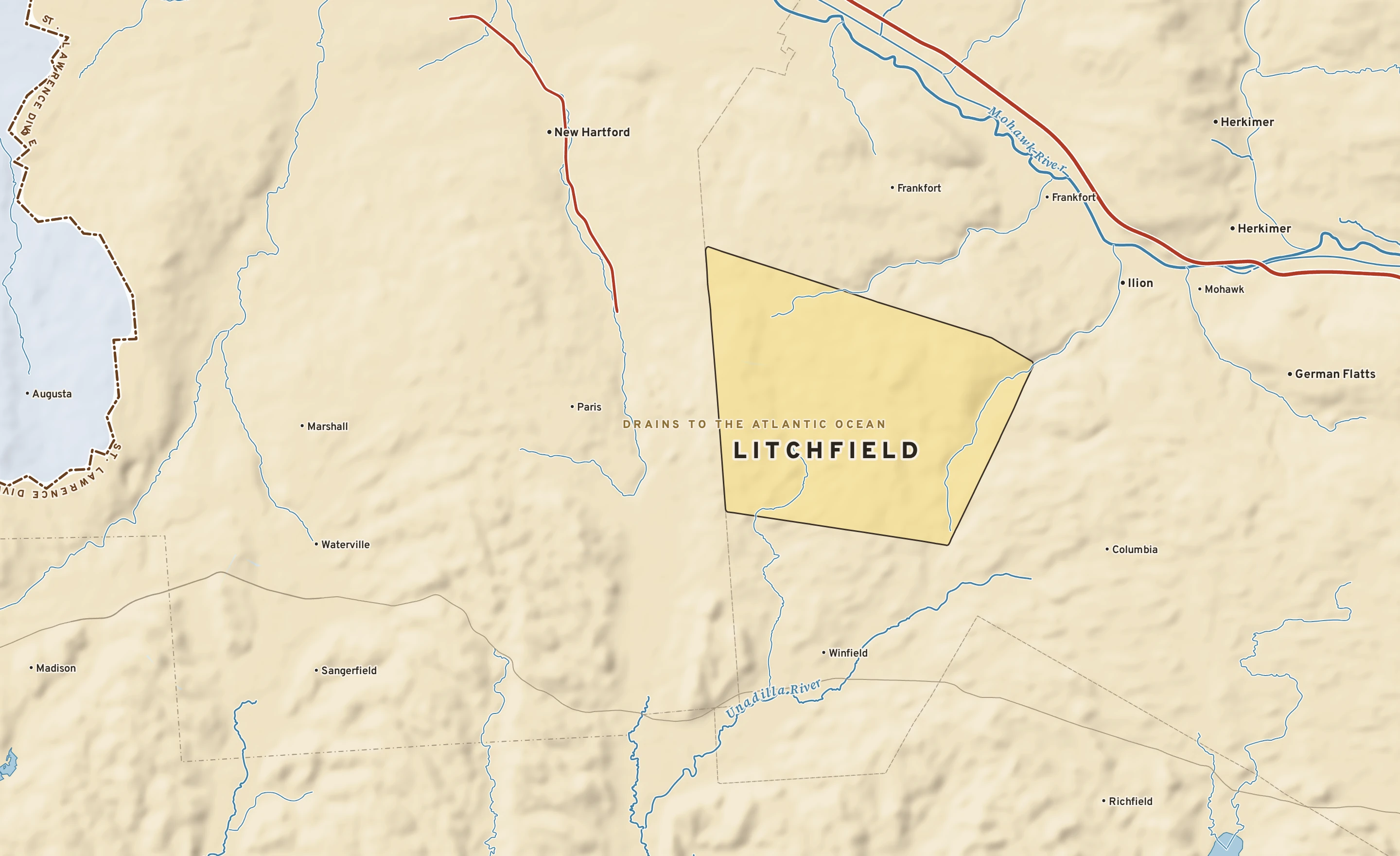 Shaded-relief atlas plate of Litchfield, New York: rivers, roads, the city limits and where the water drains.