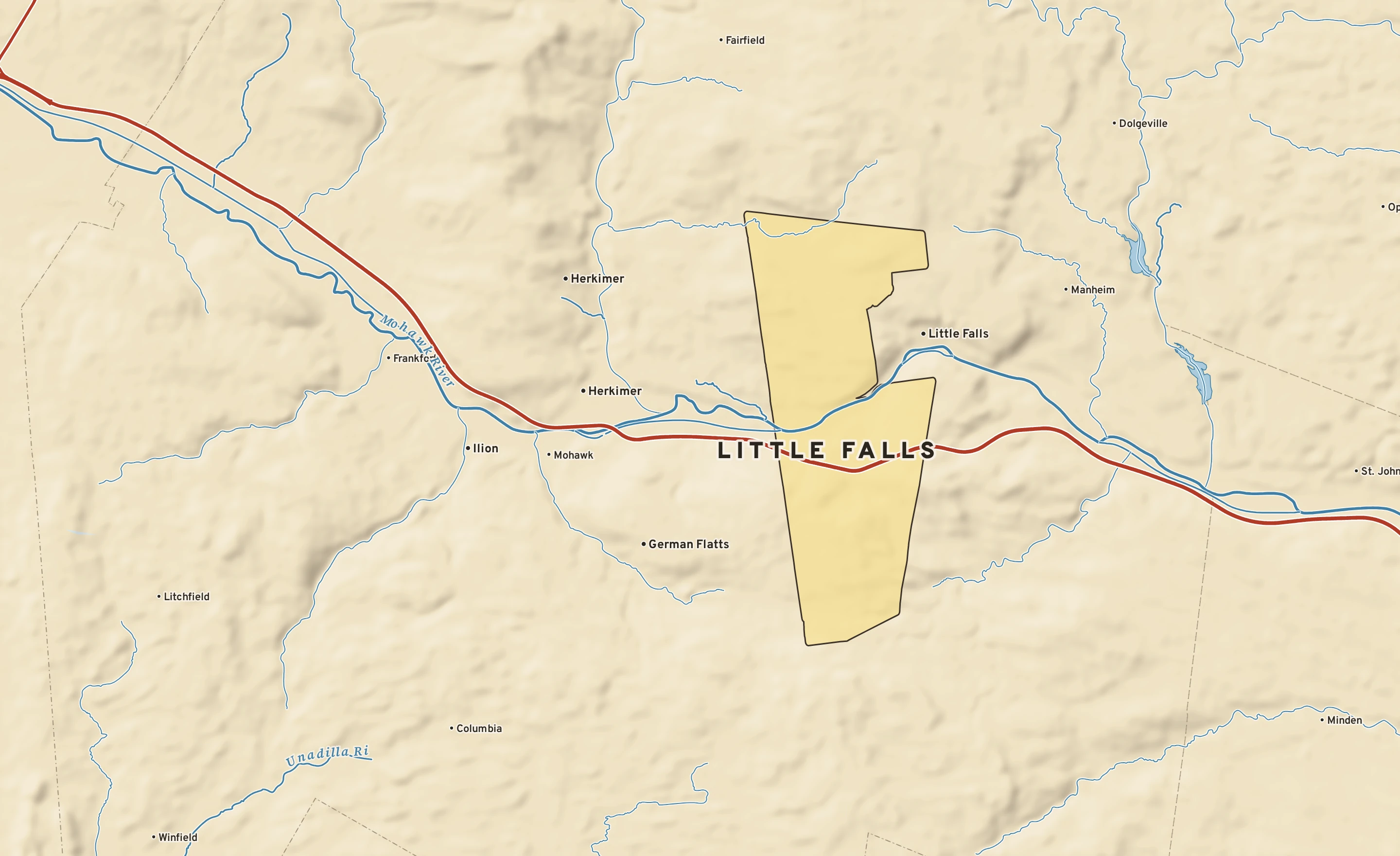 Shaded-relief atlas plate of Little Falls, New York: rivers, roads, the city limits and where the water drains.