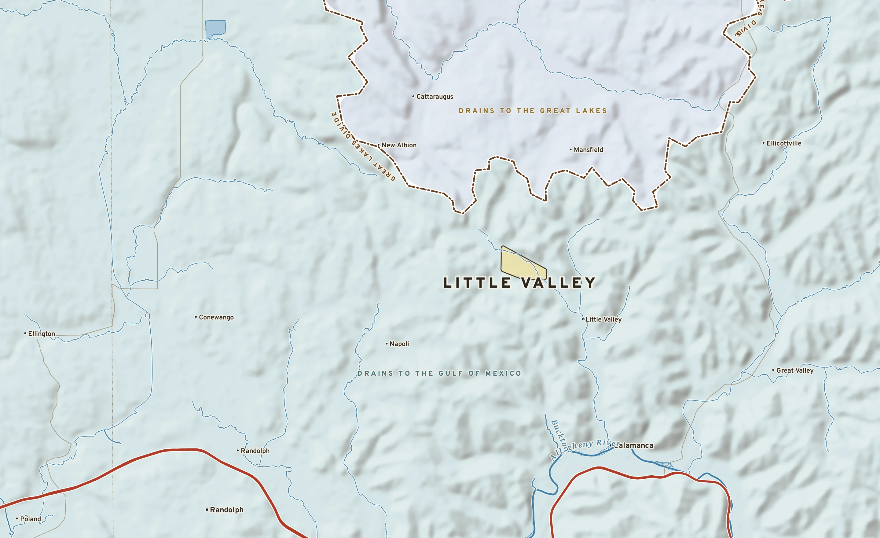 Shaded-relief atlas plate of Little Valley, New York: rivers, roads, the city limits and where the water drains.