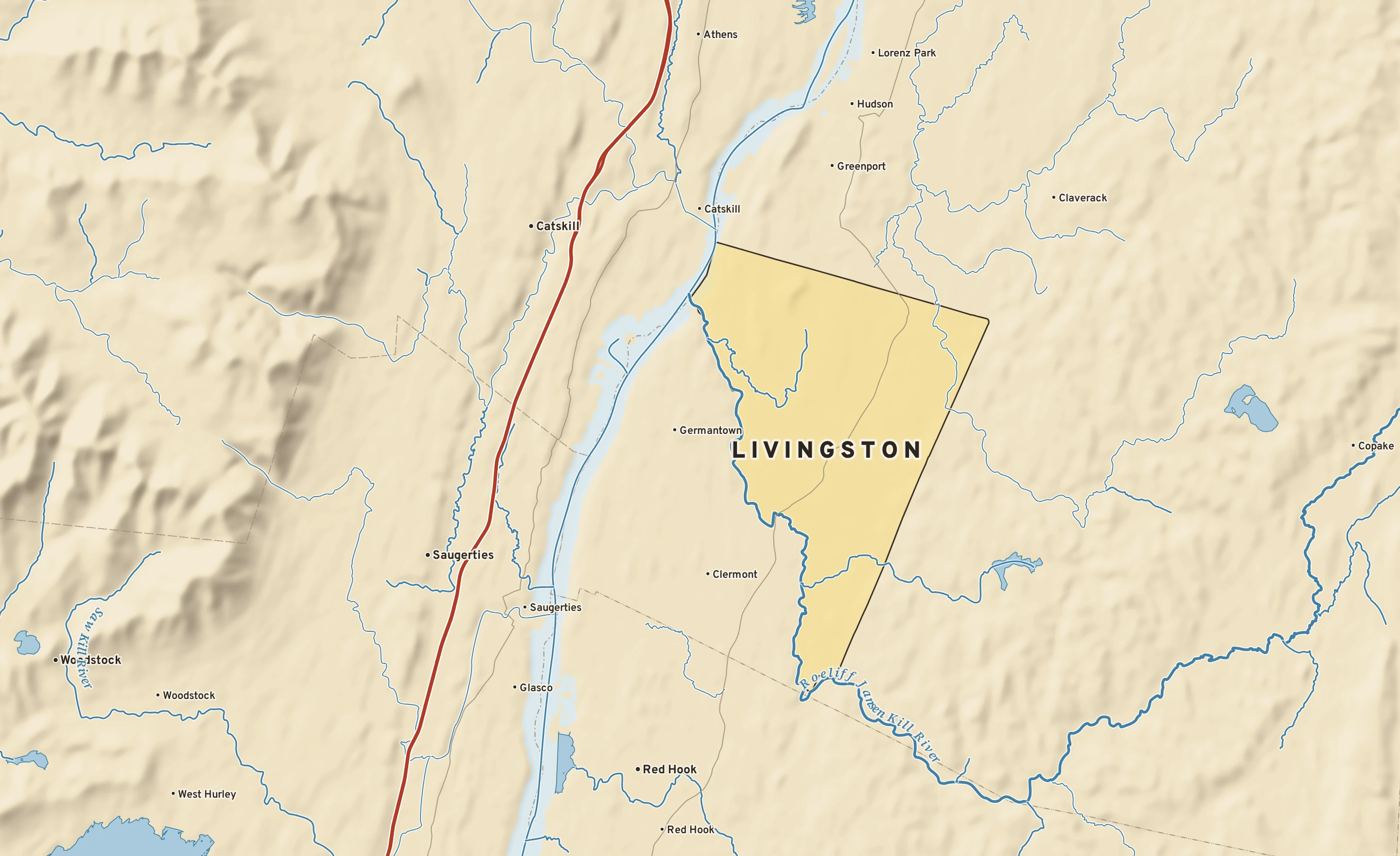 Shaded-relief atlas plate of Livingston, New York: rivers, roads, the city limits and where the water drains.