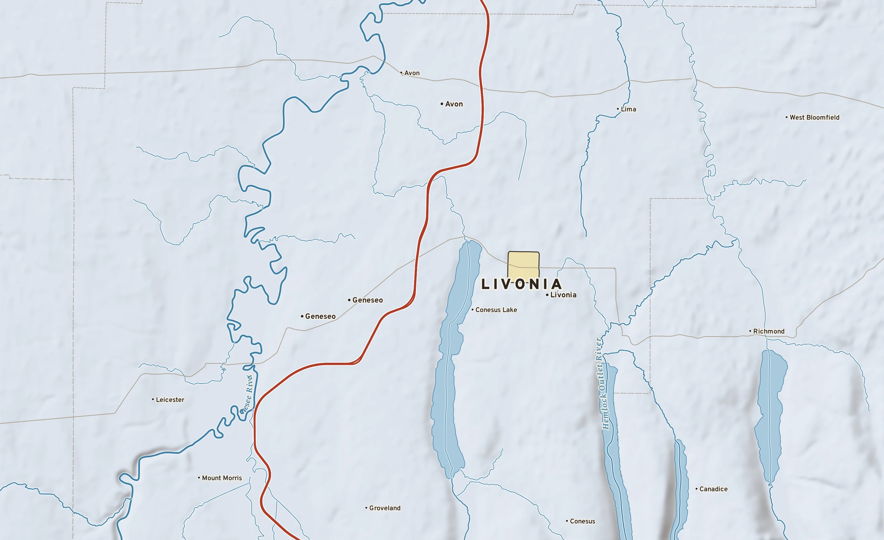 Shaded-relief atlas plate of Livonia, New York: rivers, roads, the city limits and where the water drains.