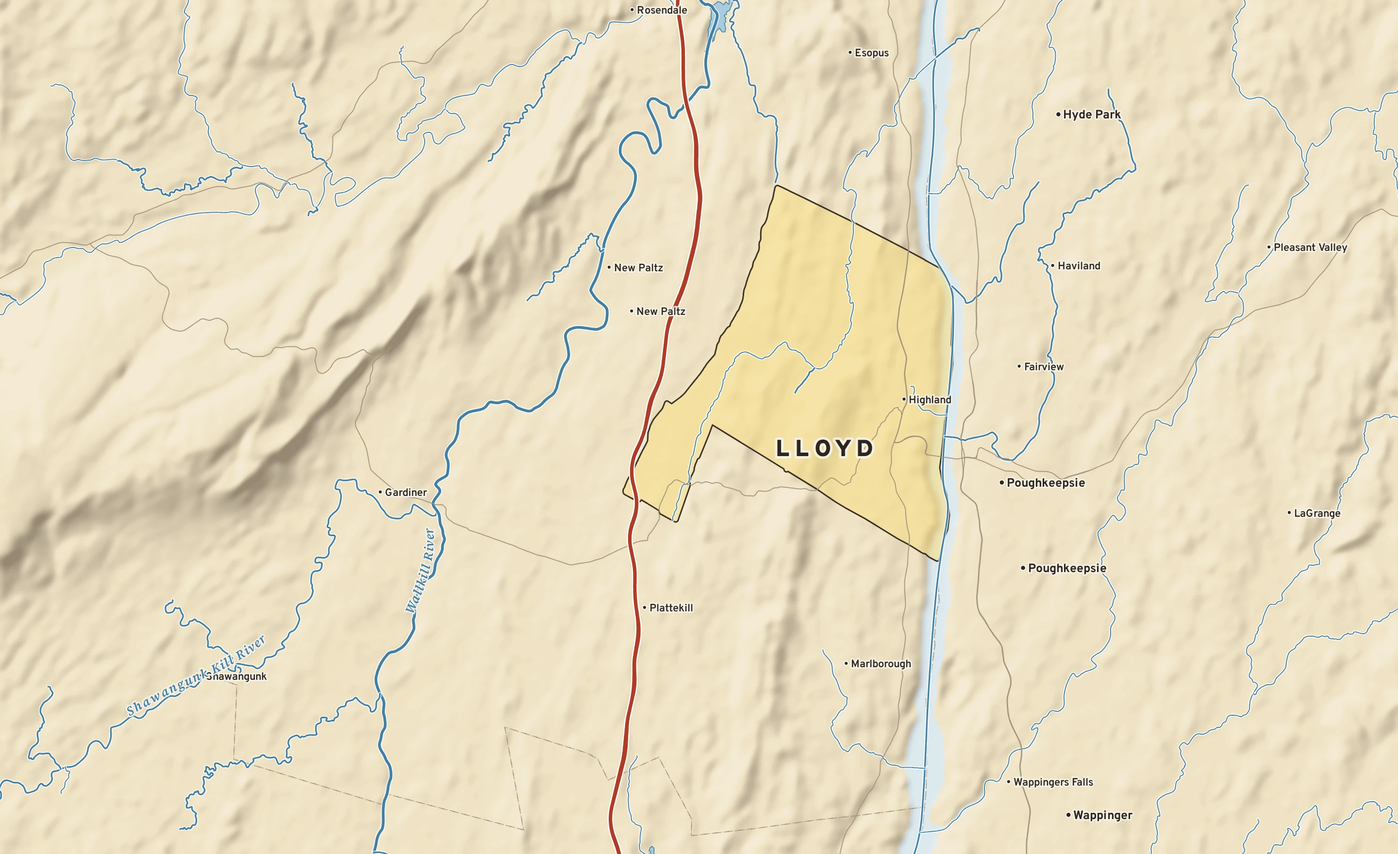 Shaded-relief atlas plate of Lloyd, New York: rivers, roads, the city limits and where the water drains.
