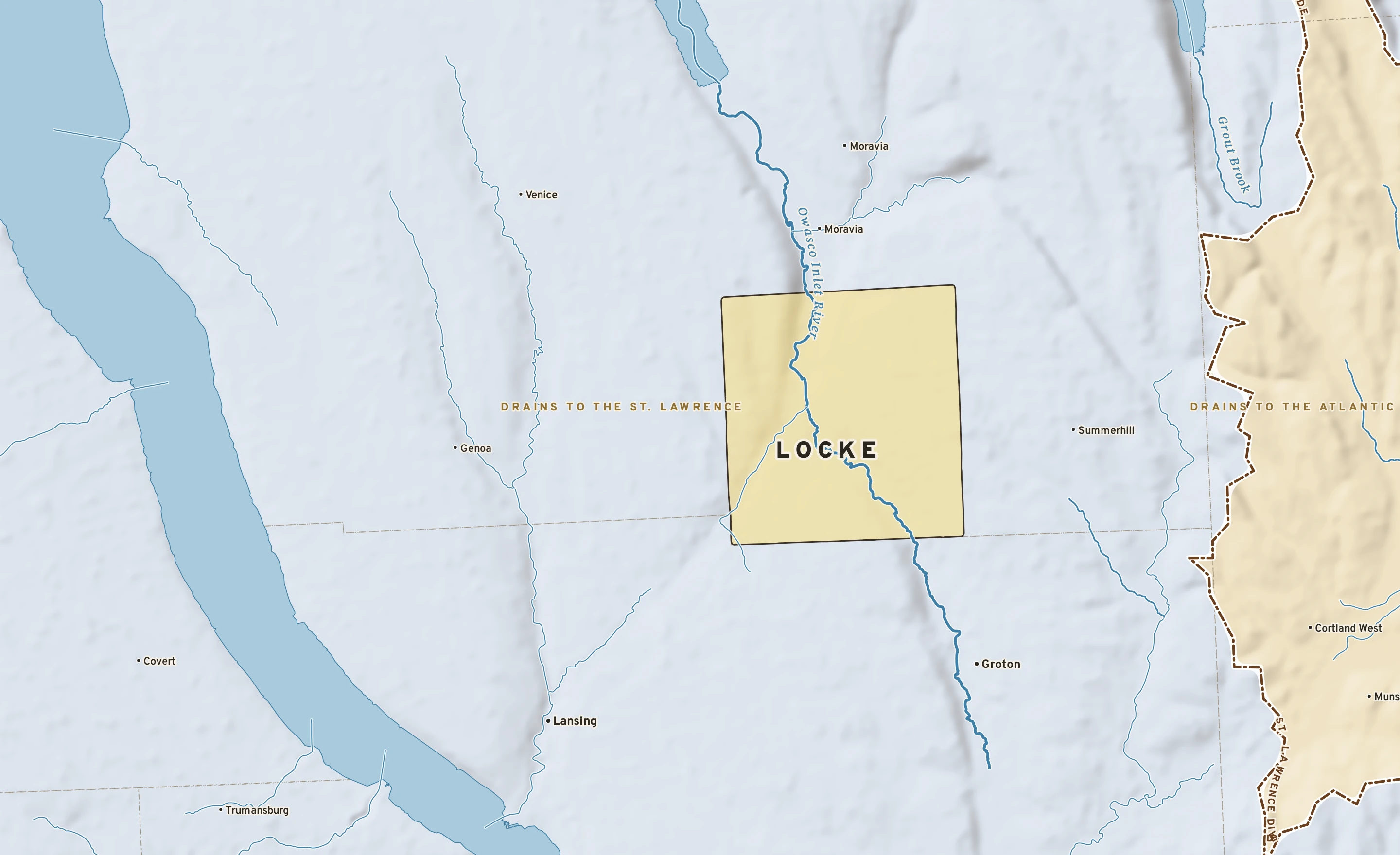 Shaded-relief atlas plate of Locke, New York: rivers, roads, the city limits and where the water drains.