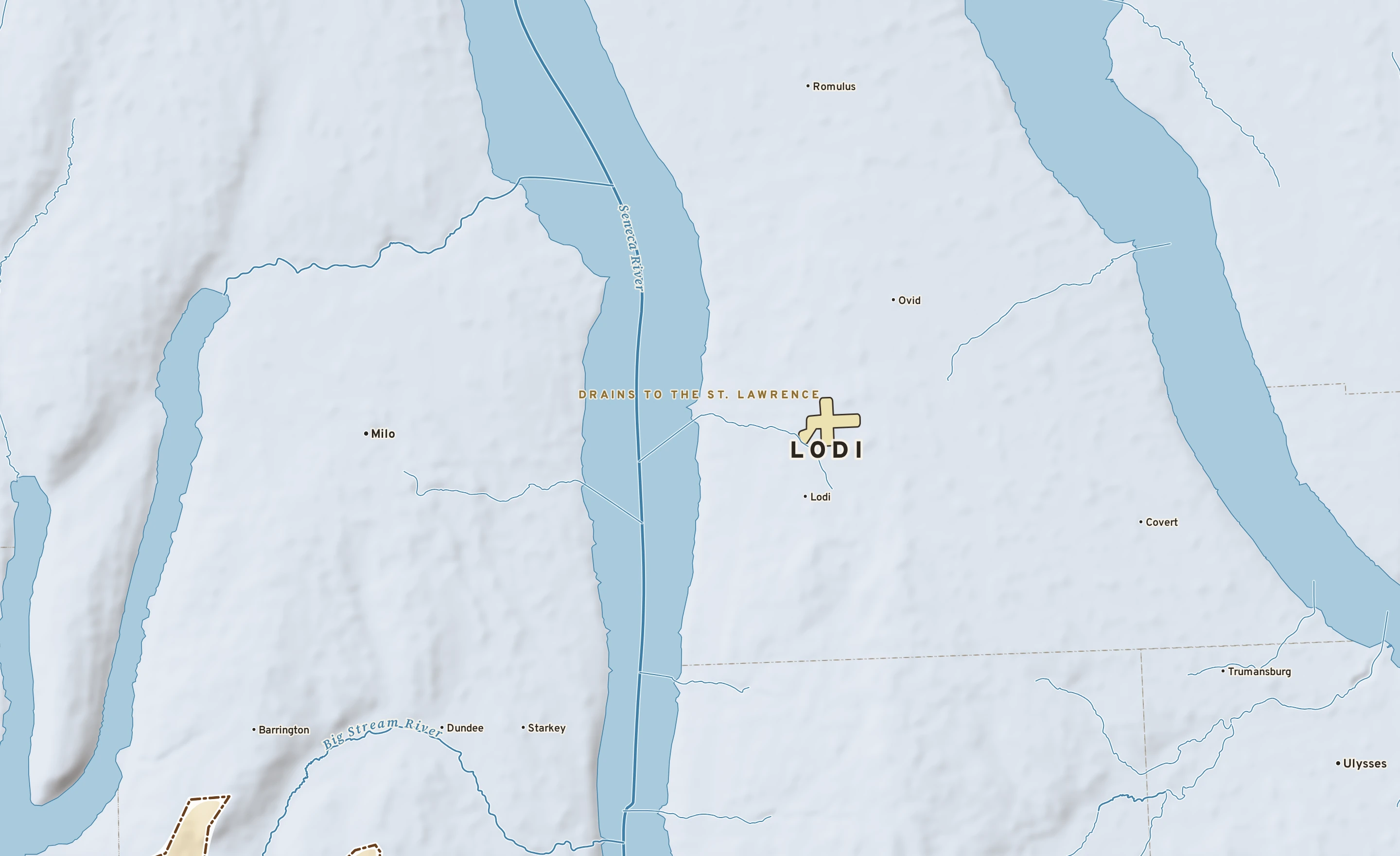 Shaded-relief atlas plate of Lodi, New York: rivers, roads, the city limits and where the water drains.