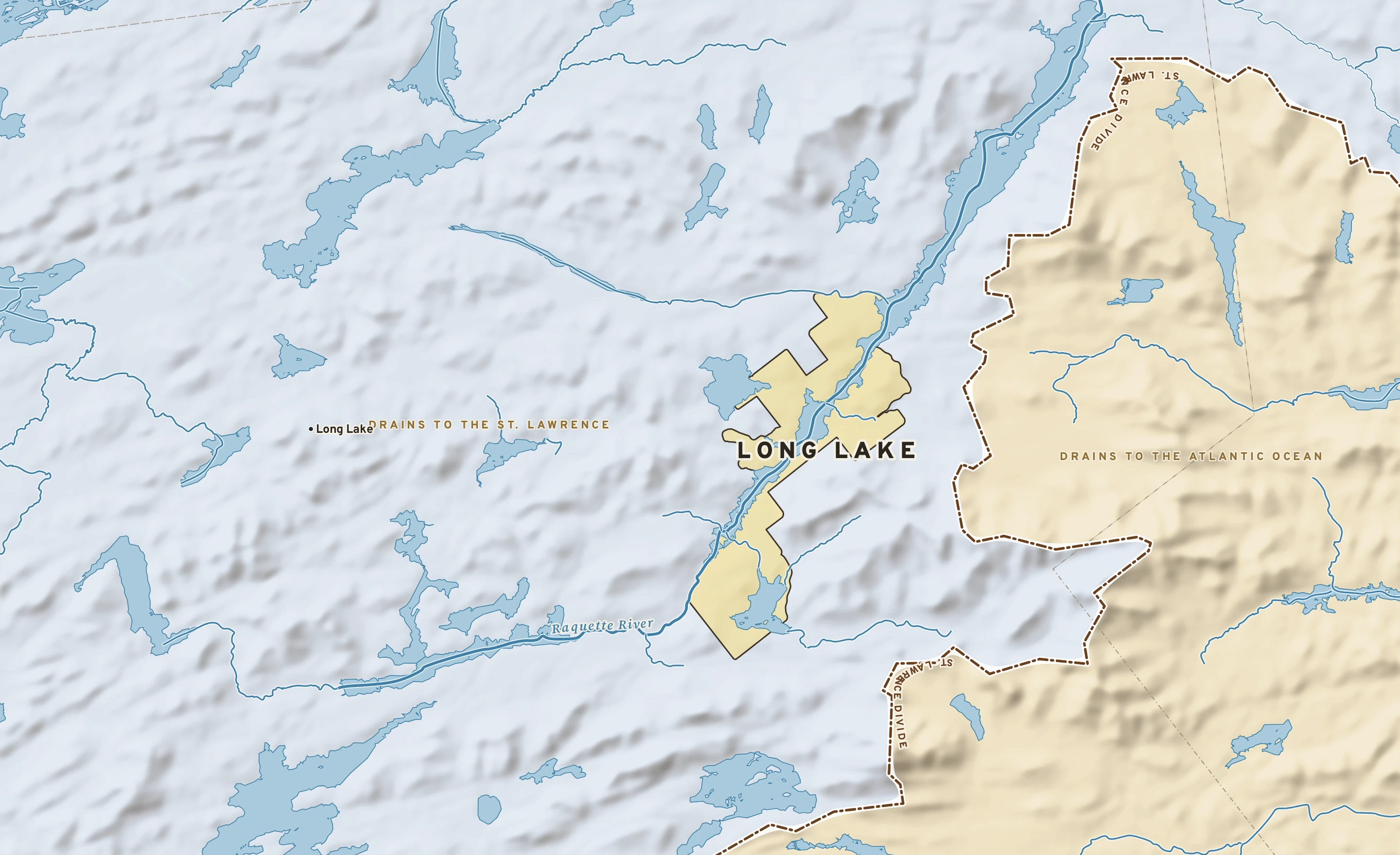 Shaded-relief atlas plate of Long Lake, New York: rivers, roads, the city limits and where the water drains.