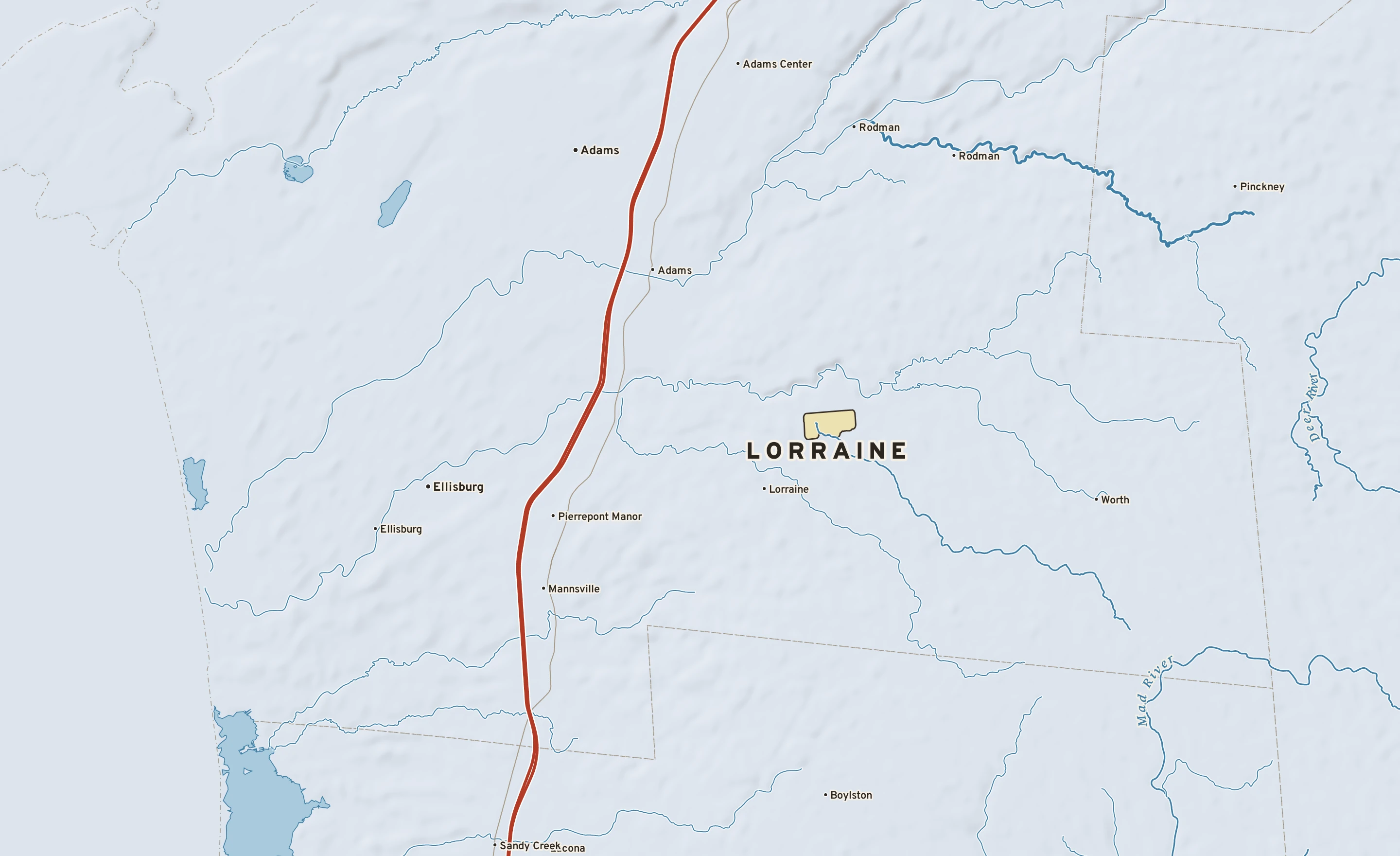 Shaded-relief atlas plate of Lorraine, New York: rivers, roads, the city limits and where the water drains.