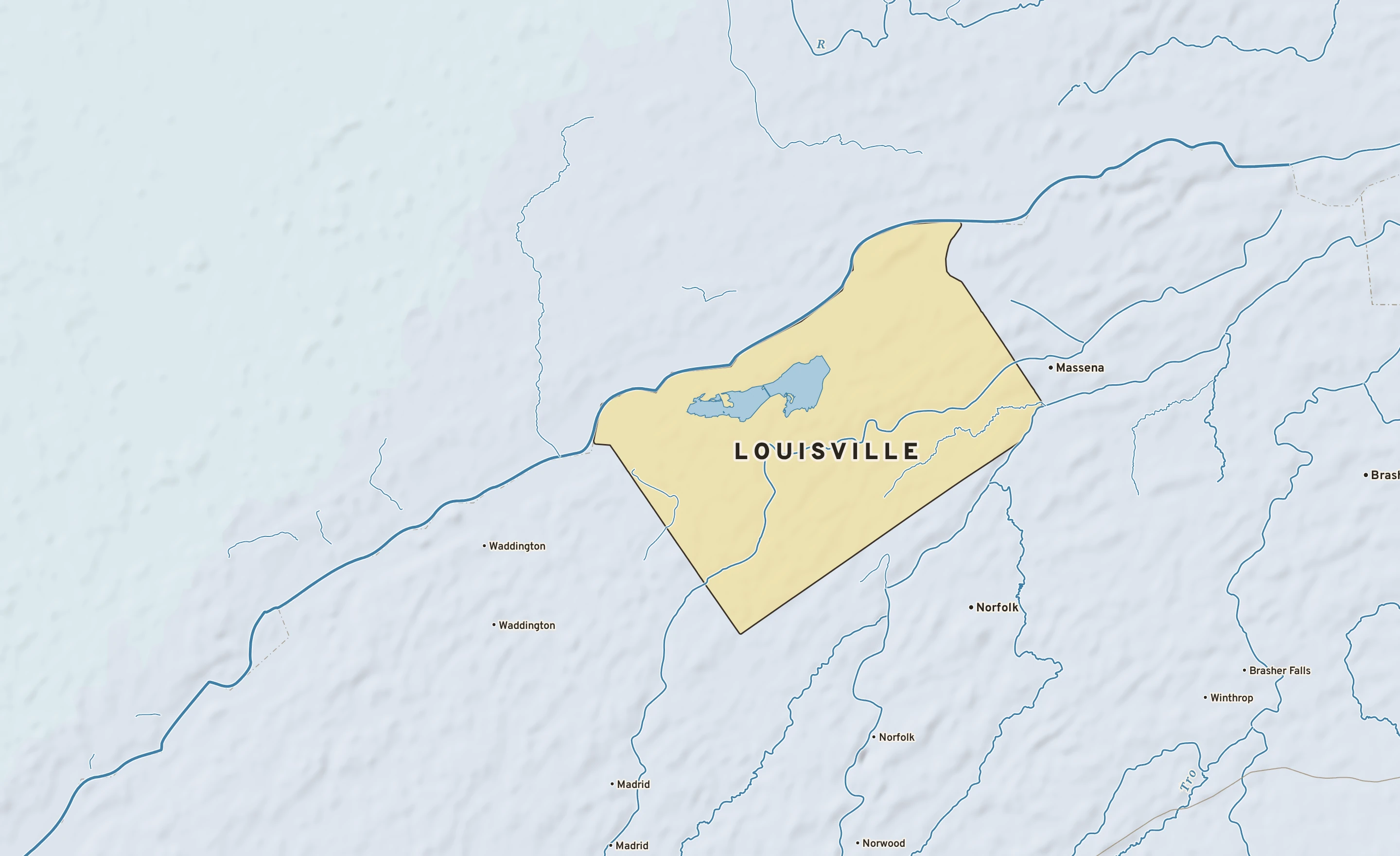Shaded-relief atlas plate of Louisville, New York: rivers, roads, the city limits and where the water drains.