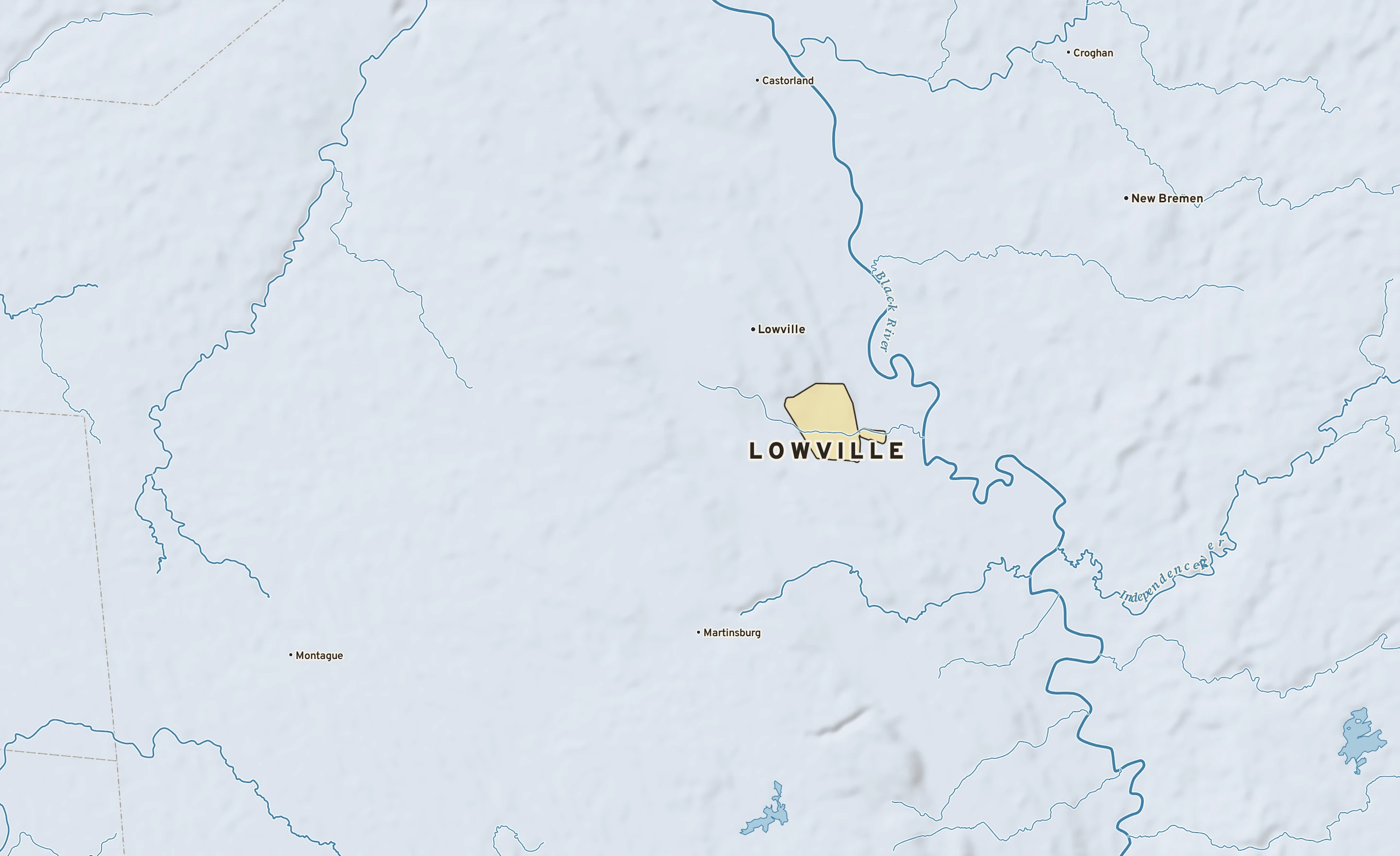 Shaded-relief atlas plate of Lowville, New York: rivers, roads, the city limits and where the water drains.