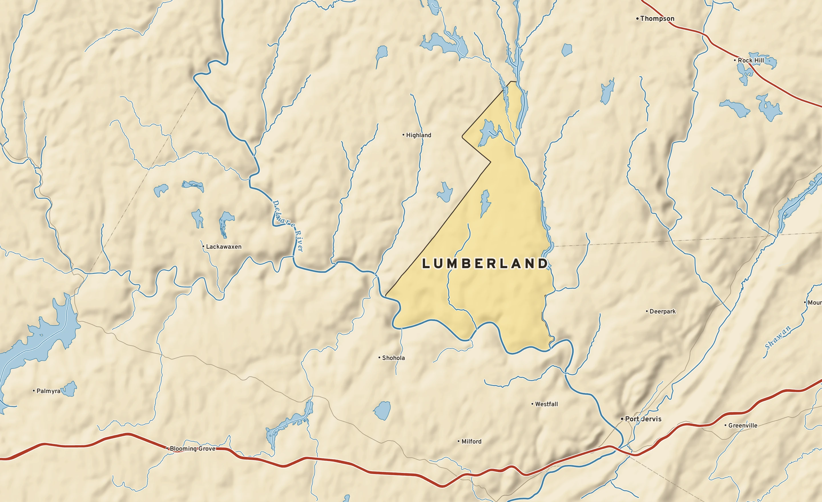 Shaded-relief atlas plate of Lumberland, New York: rivers, roads, the city limits and where the water drains.
