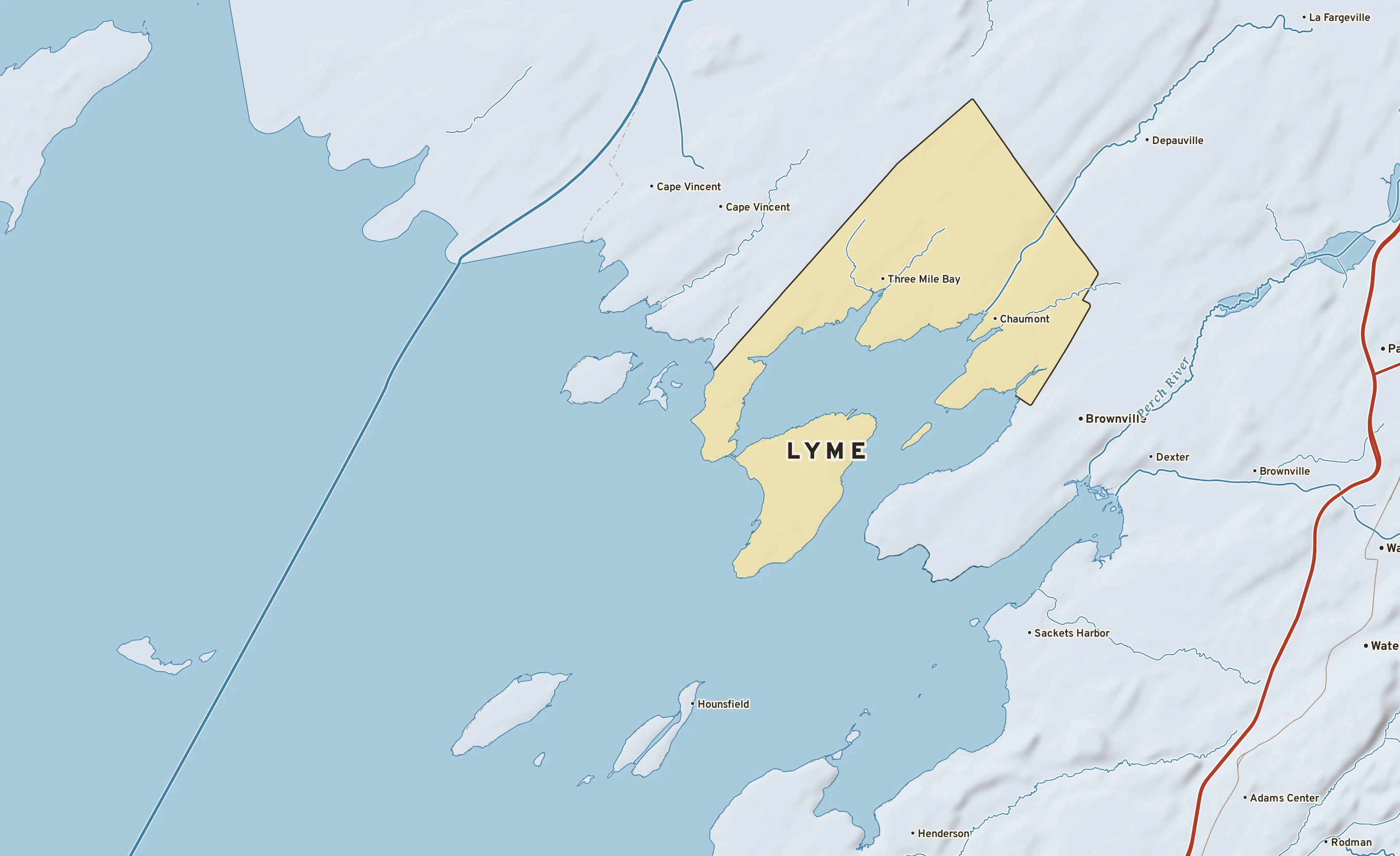 Shaded-relief atlas plate of Lyme, New York: rivers, roads, the city limits and where the water drains.