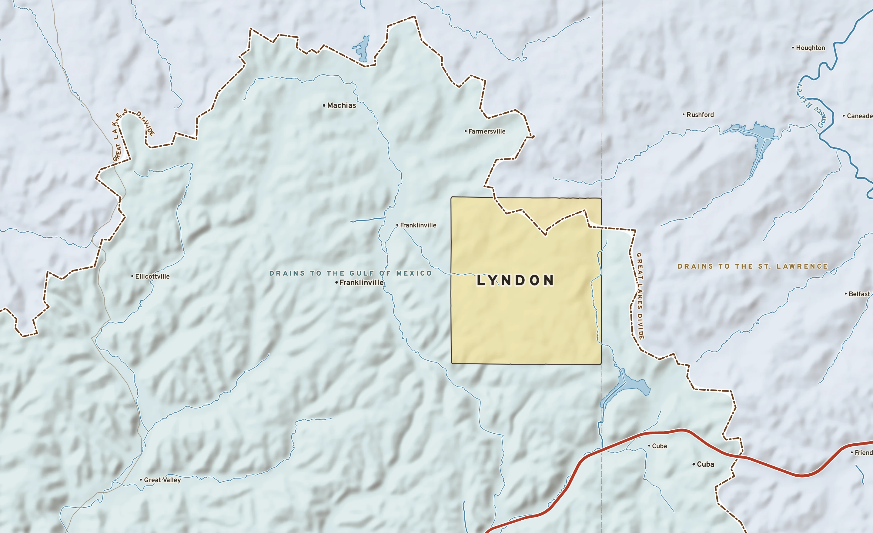 Shaded-relief atlas plate of Lyndon, New York: rivers, roads, the city limits and where the water drains.