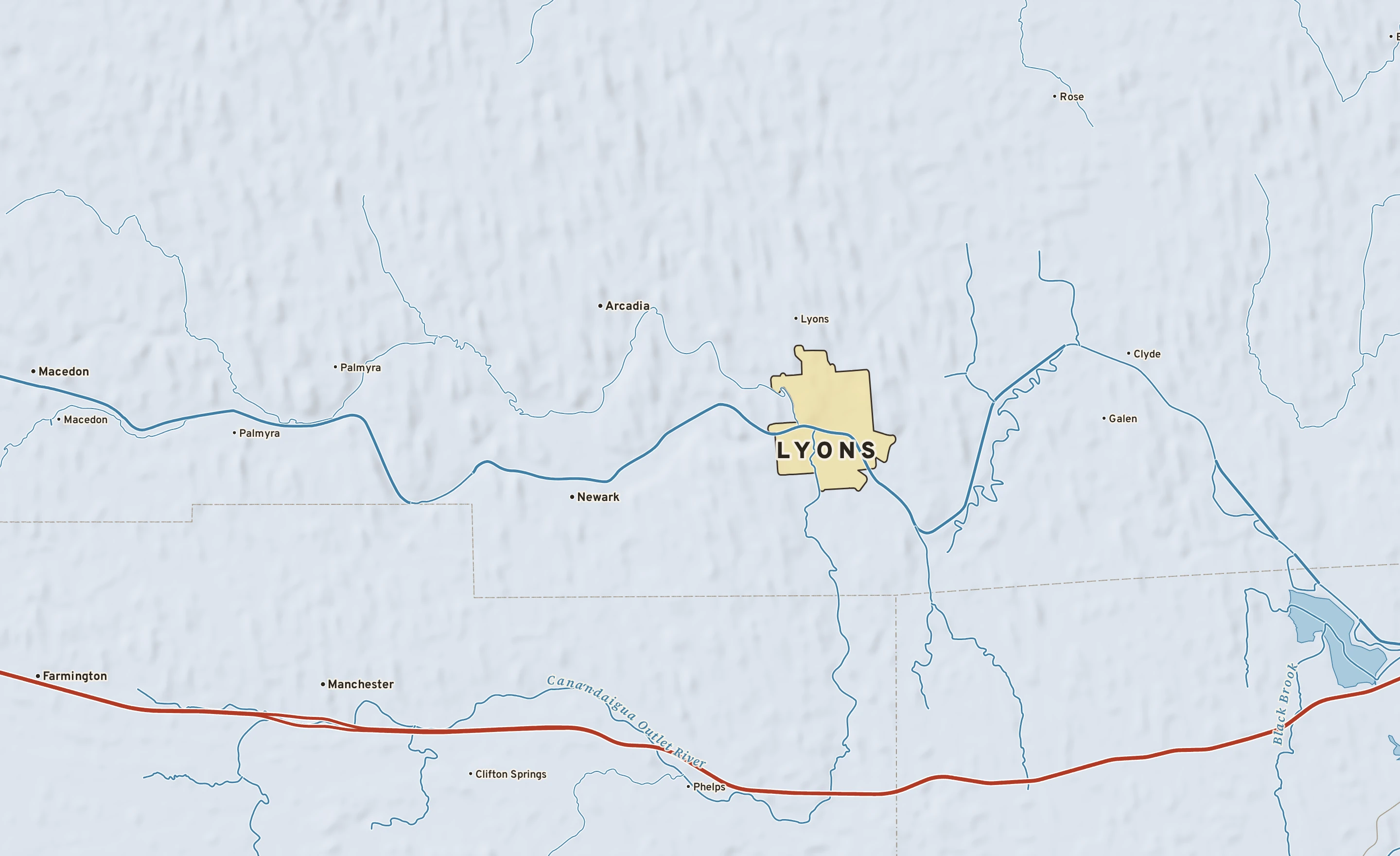Shaded-relief atlas plate of Lyons, New York: rivers, roads, the city limits and where the water drains.