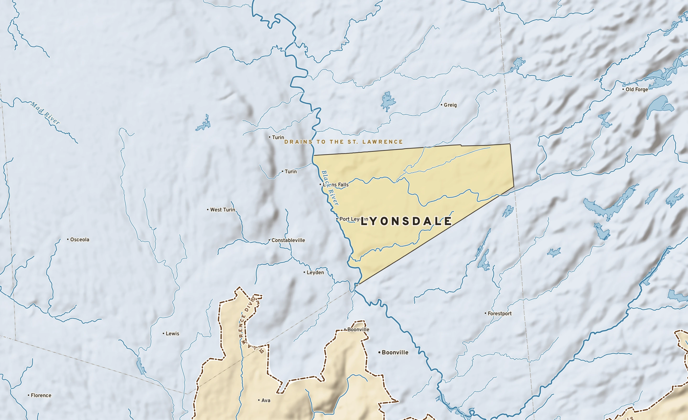 Shaded-relief atlas plate of Lyonsdale, New York: rivers, roads, the city limits and where the water drains.