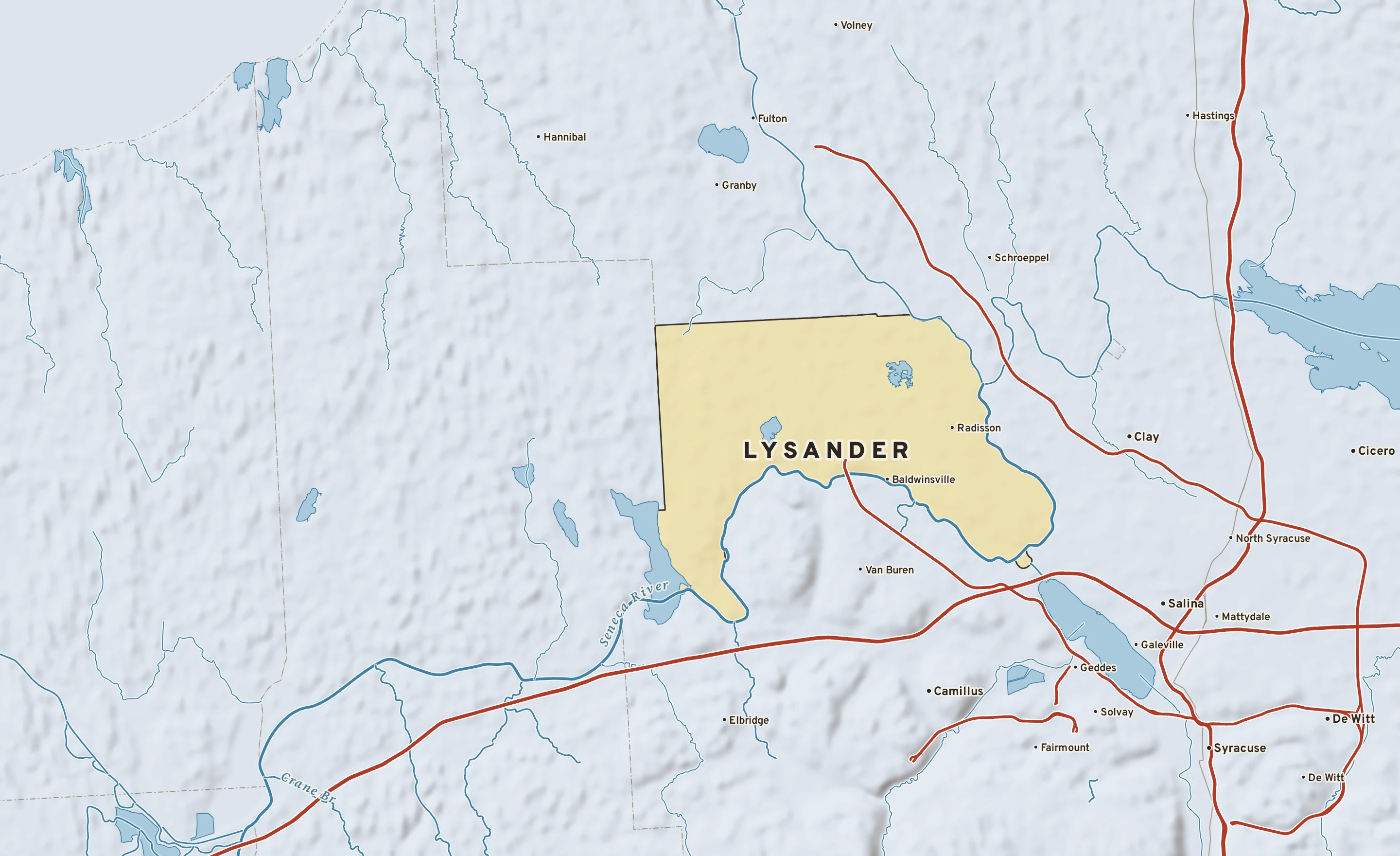 Shaded-relief atlas plate of Lysander, New York: rivers, roads, the city limits and where the water drains.