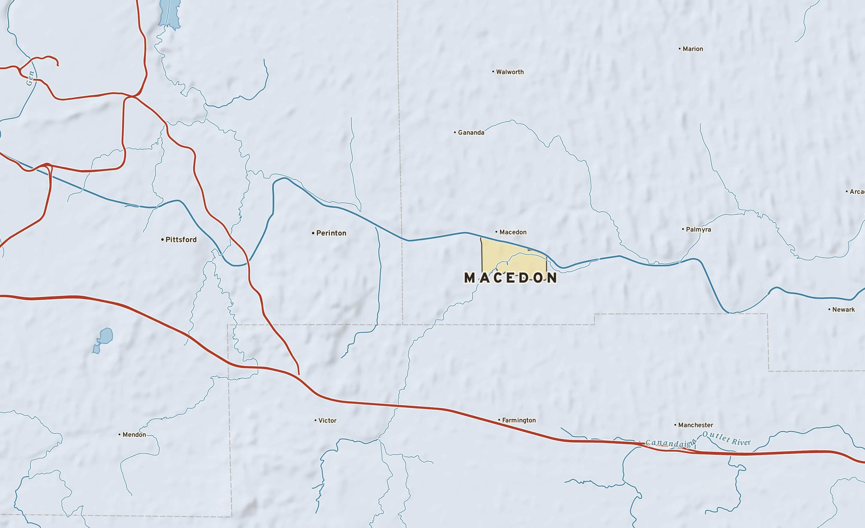 Shaded-relief atlas plate of Macedon, New York: rivers, roads, the city limits and where the water drains.