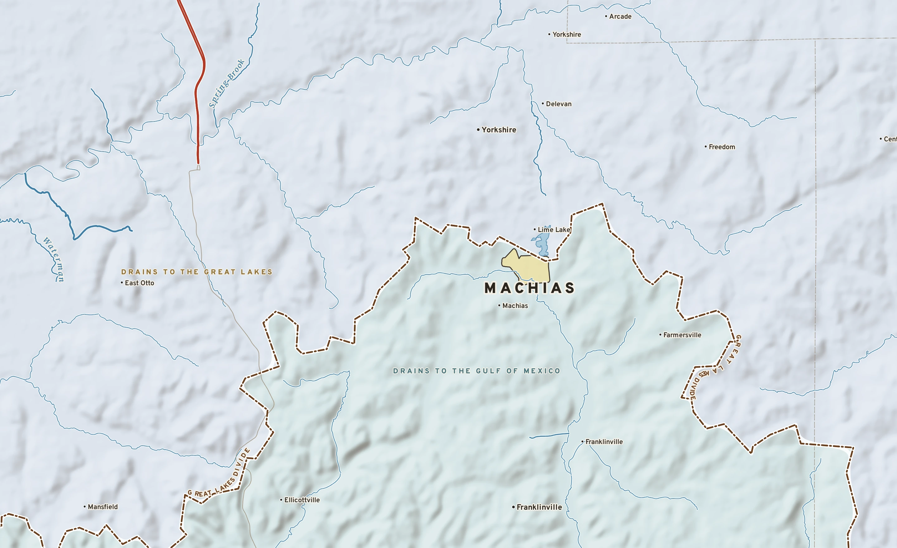 Shaded-relief atlas plate of Machias, New York: rivers, roads, the city limits and where the water drains.