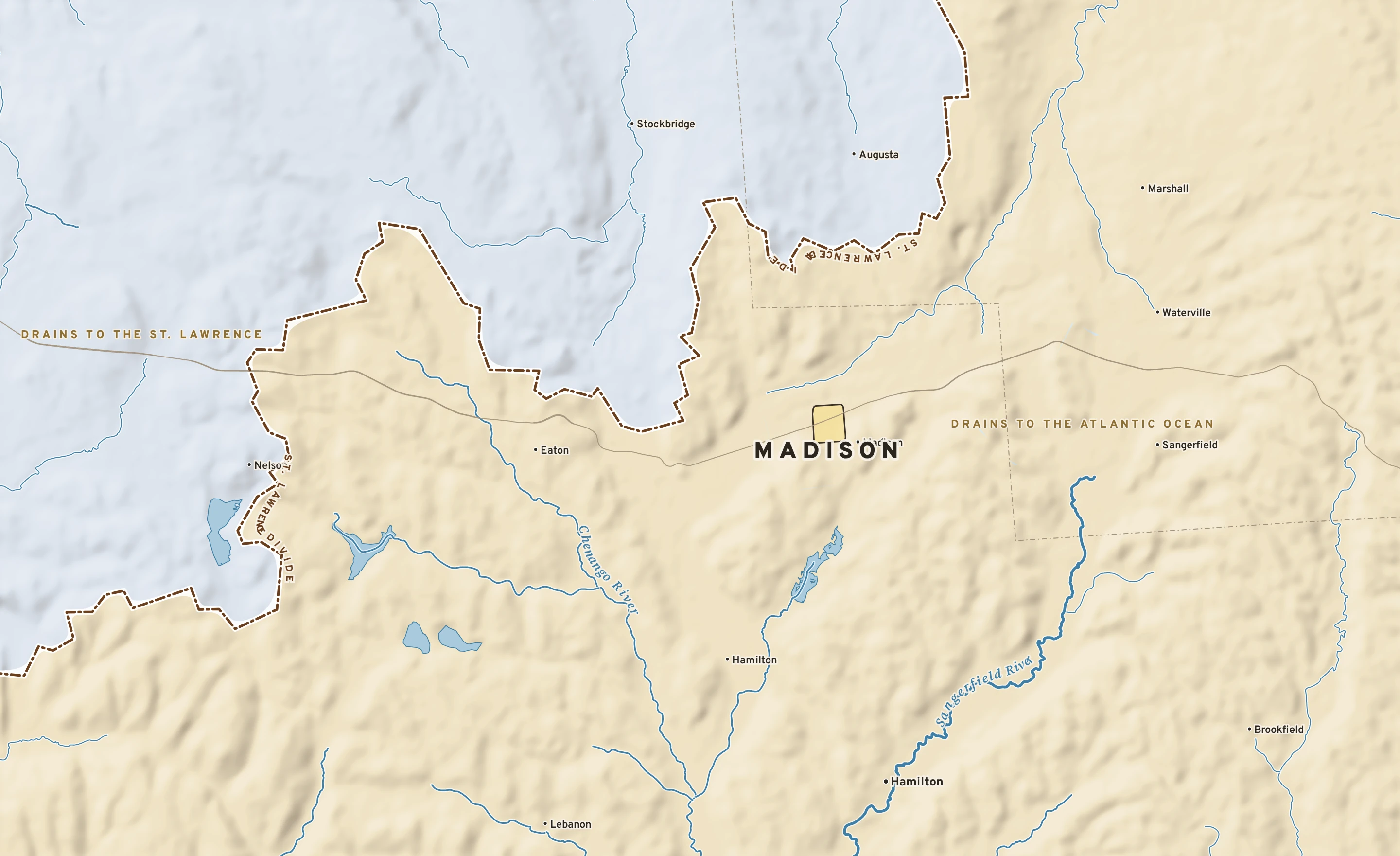 Shaded-relief atlas plate of Madison, New York: rivers, roads, the city limits and where the water drains.