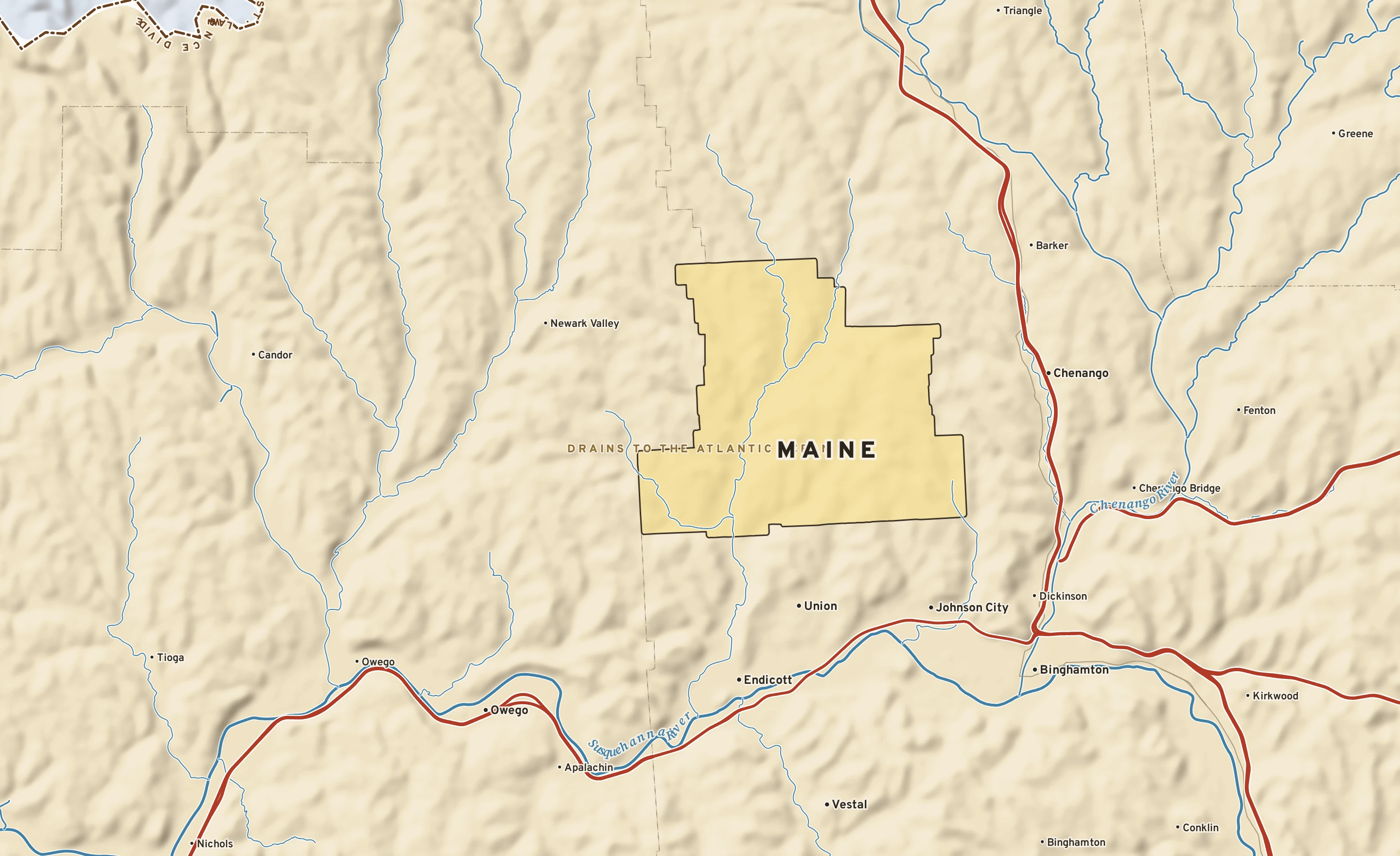 Shaded-relief atlas plate of Maine, New York: rivers, roads, the city limits and where the water drains.
