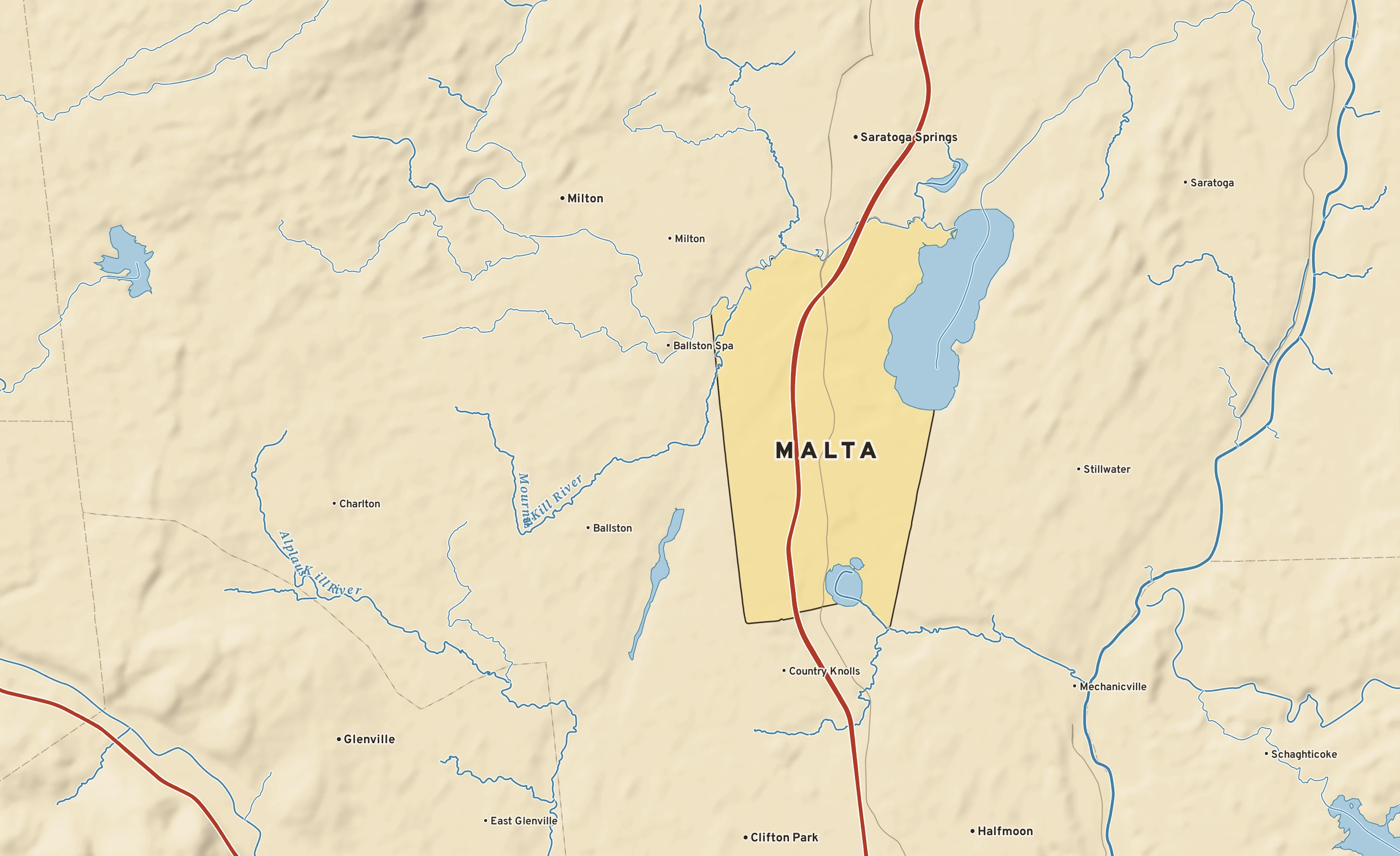 Shaded-relief atlas plate of Malta, New York: rivers, roads, the city limits and where the water drains.