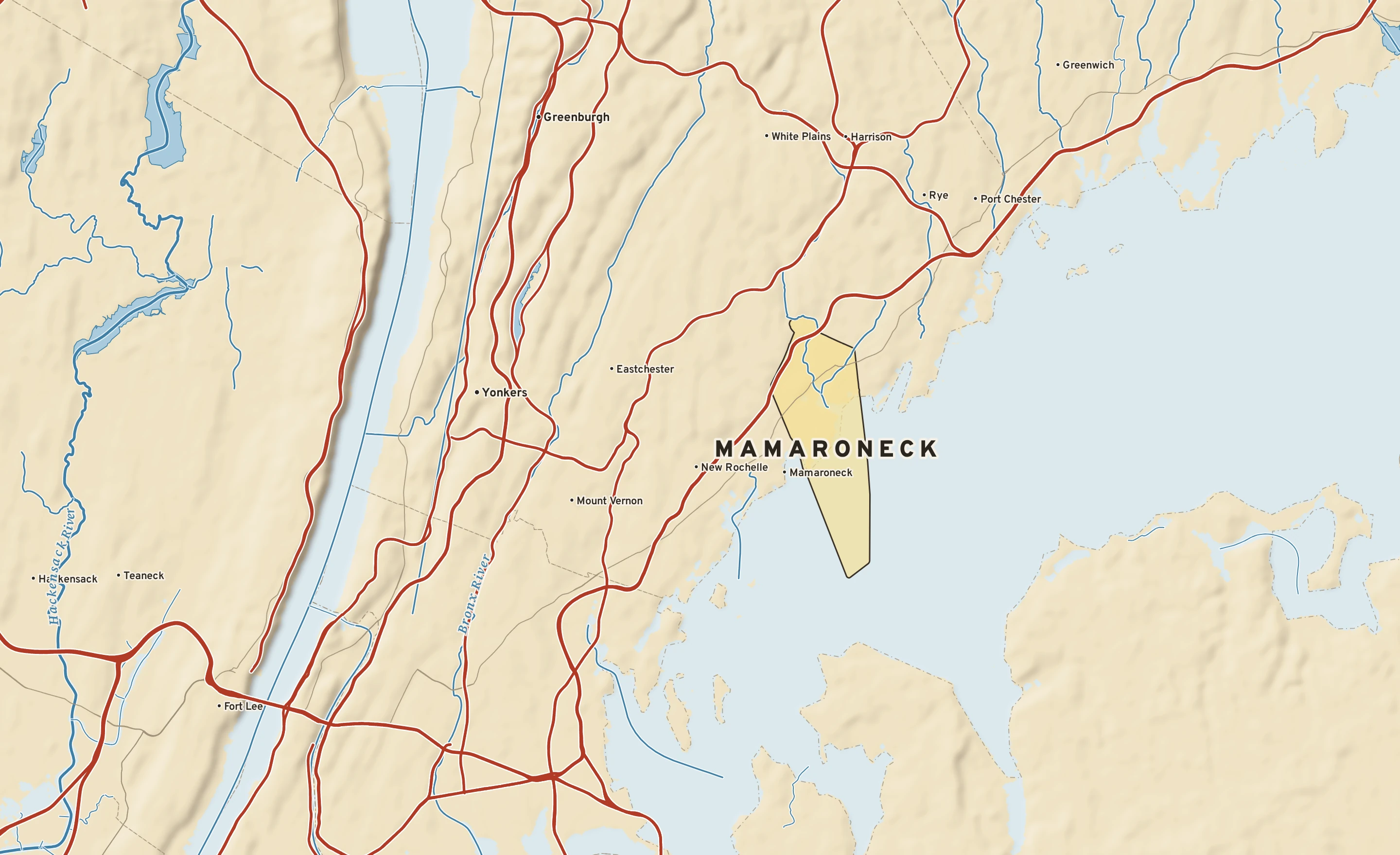 Shaded-relief atlas plate of Mamaroneck, New York: rivers, roads, the city limits and where the water drains.