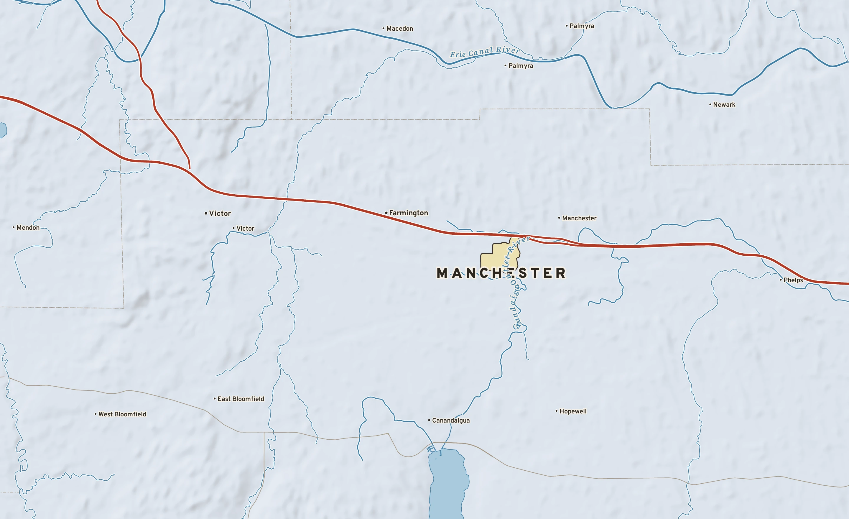 Shaded-relief atlas plate of Manchester, New York: rivers, roads, the city limits and where the water drains.