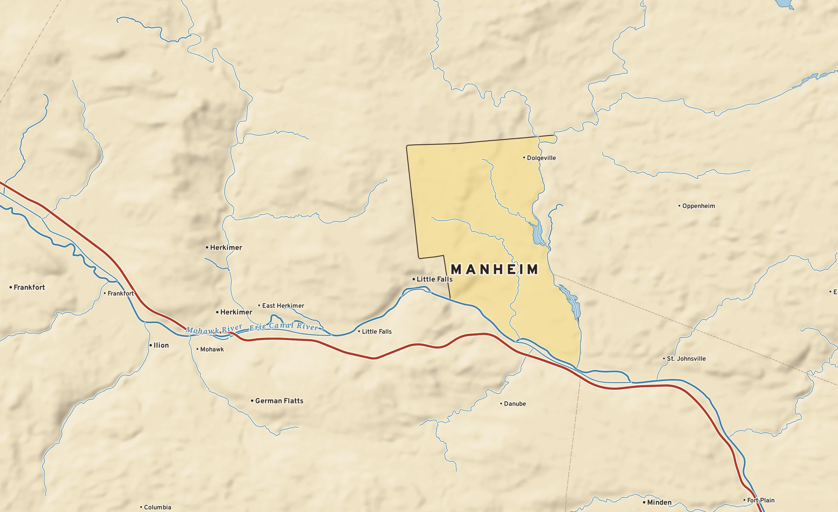 Shaded-relief atlas plate of Manheim, New York: rivers, roads, the city limits and where the water drains.