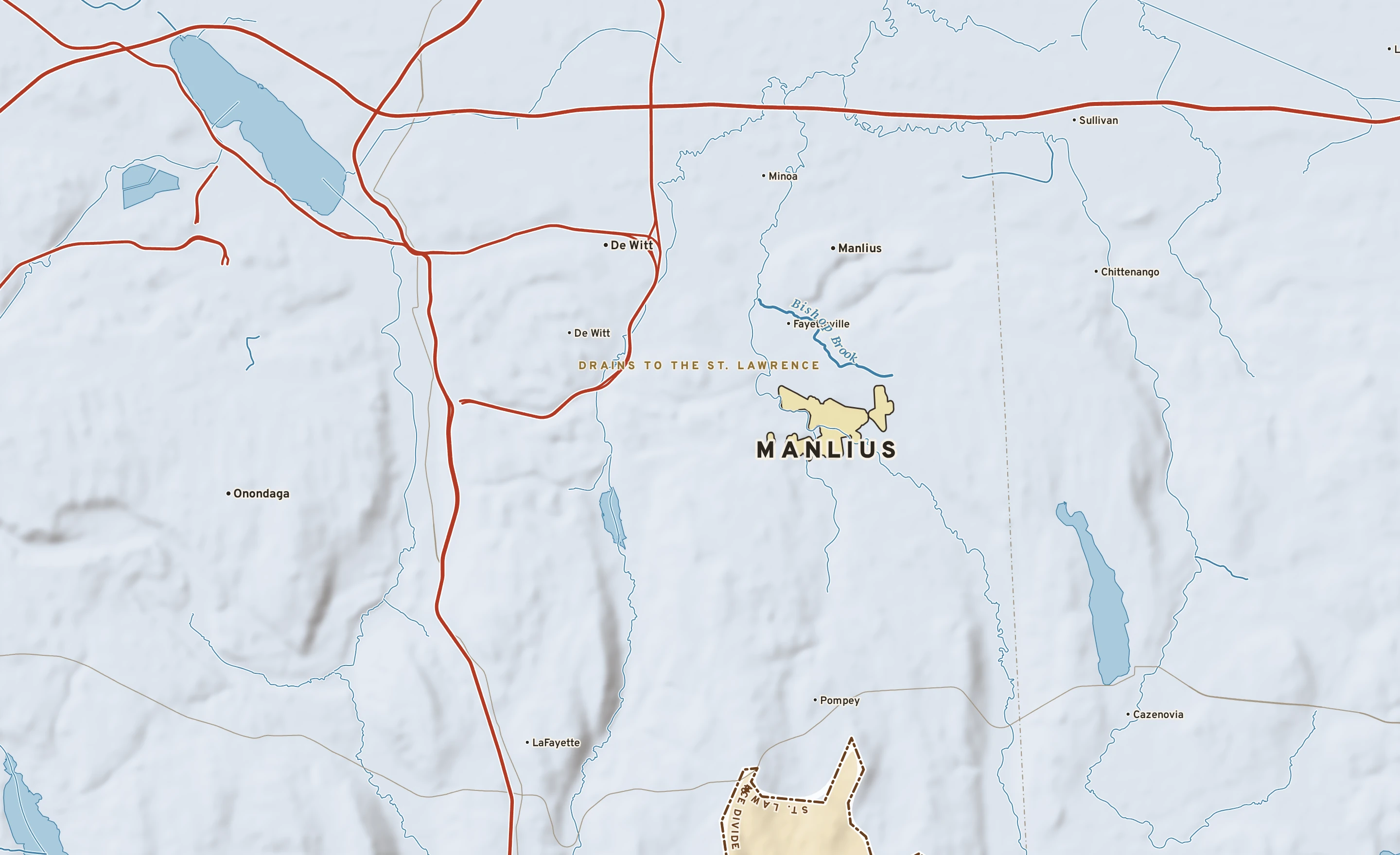Shaded-relief atlas plate of Manlius, New York: rivers, roads, the city limits and where the water drains.