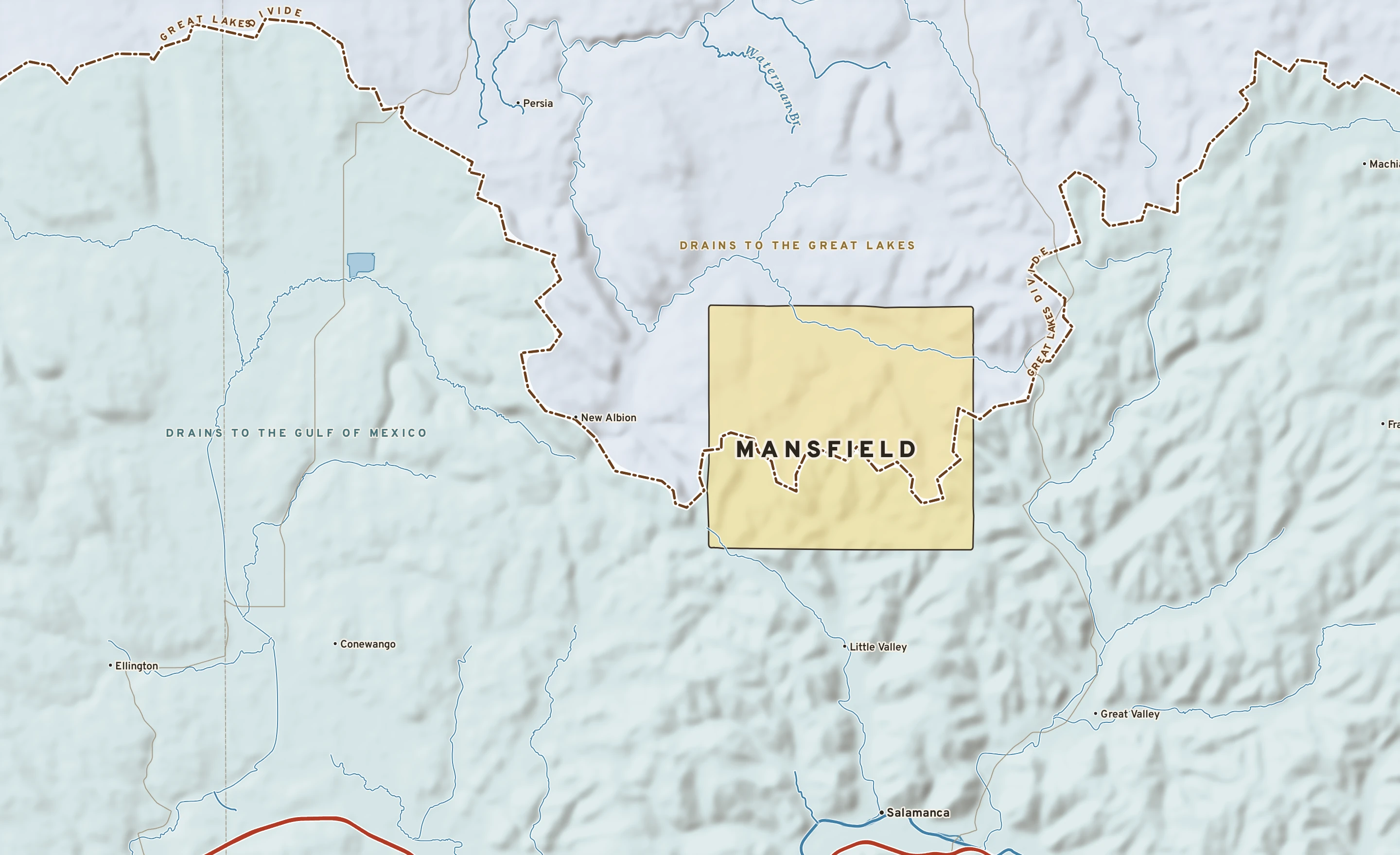 Shaded-relief atlas plate of Mansfield, New York: rivers, roads, the city limits and where the water drains.