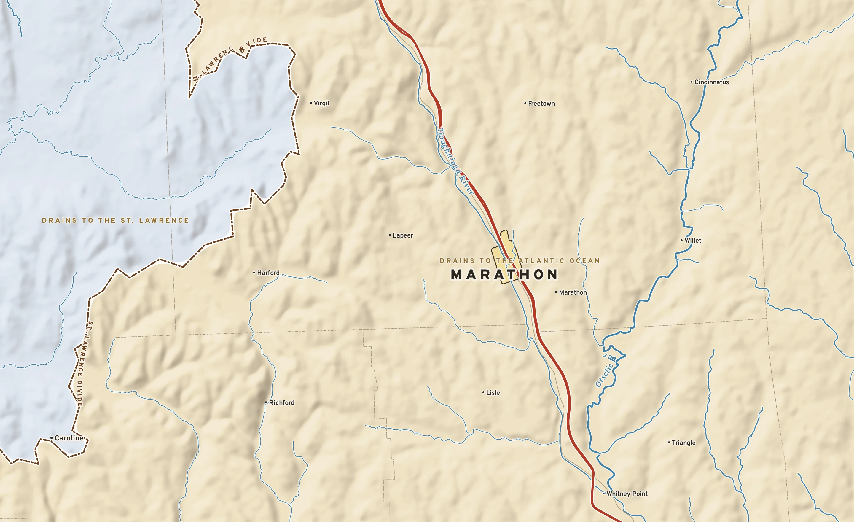 Shaded-relief atlas plate of Marathon, New York: rivers, roads, the city limits and where the water drains.