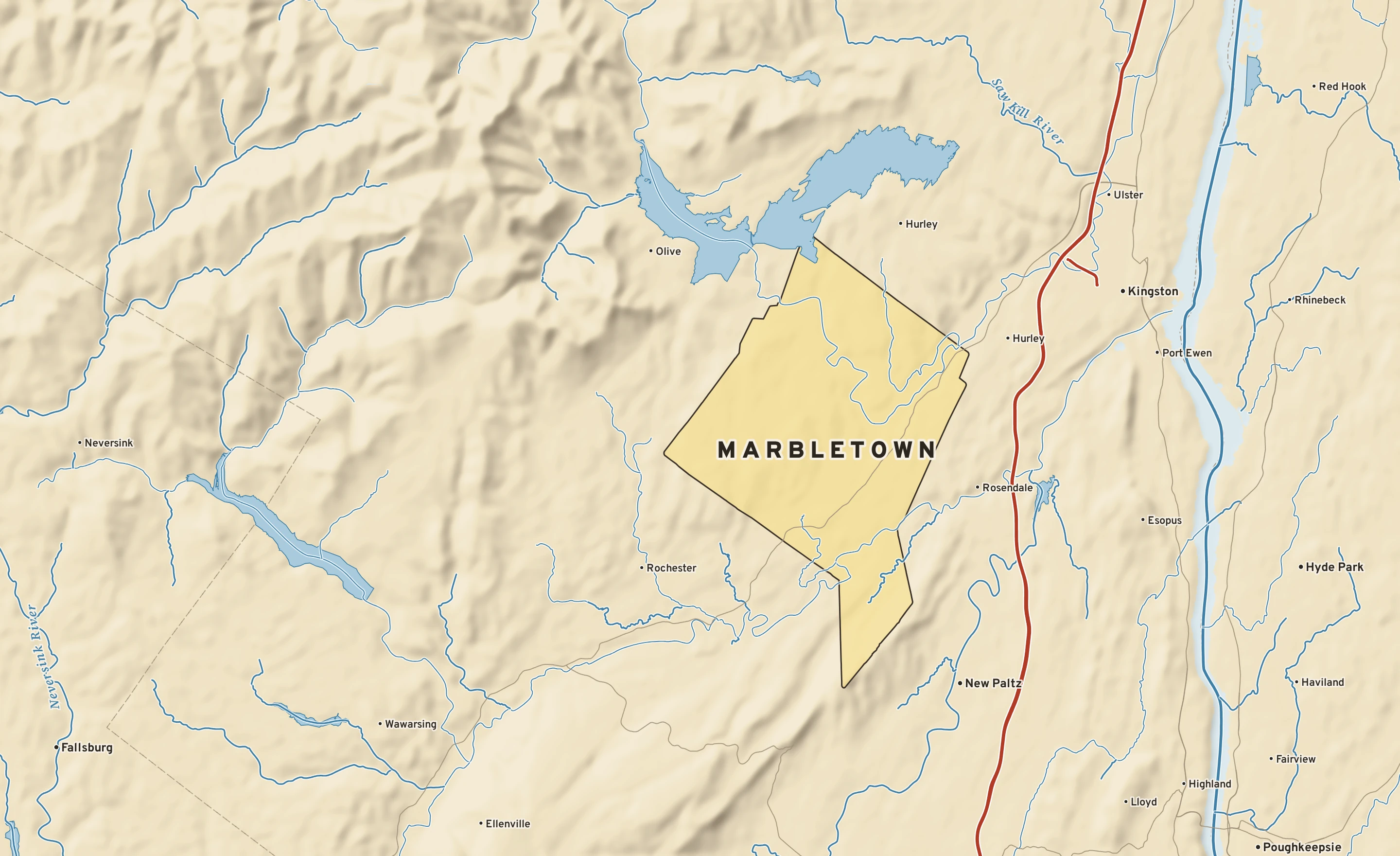 Shaded-relief atlas plate of Marbletown, New York: rivers, roads, the city limits and where the water drains.