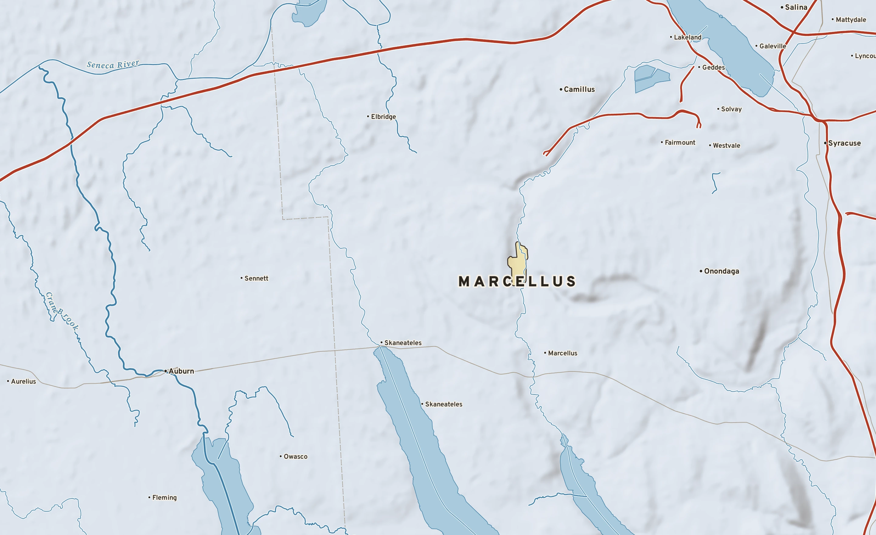 Shaded-relief atlas plate of Marcellus, New York: rivers, roads, the city limits and where the water drains.