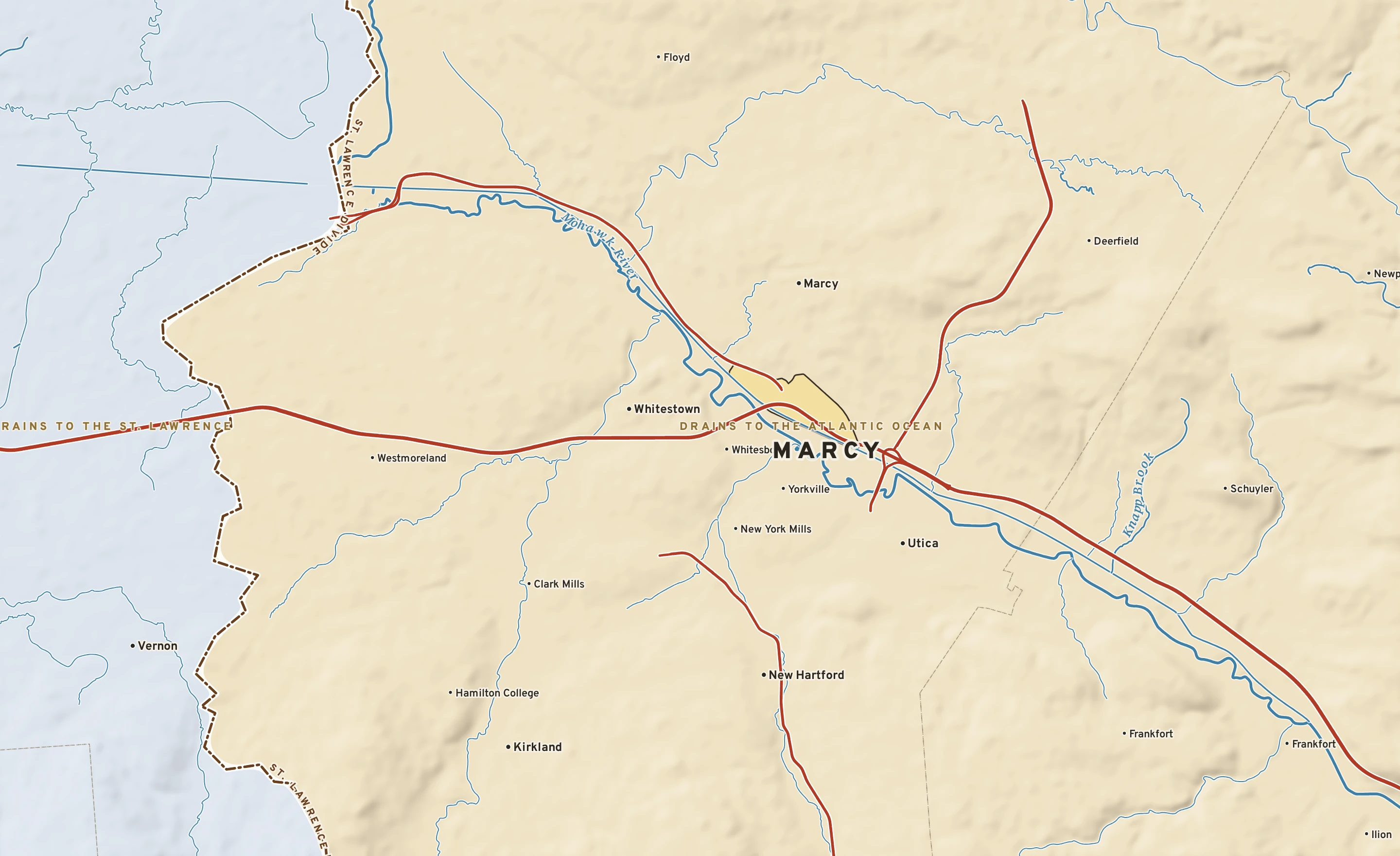 Shaded-relief atlas plate of Marcy, New York: rivers, roads, the city limits and where the water drains.