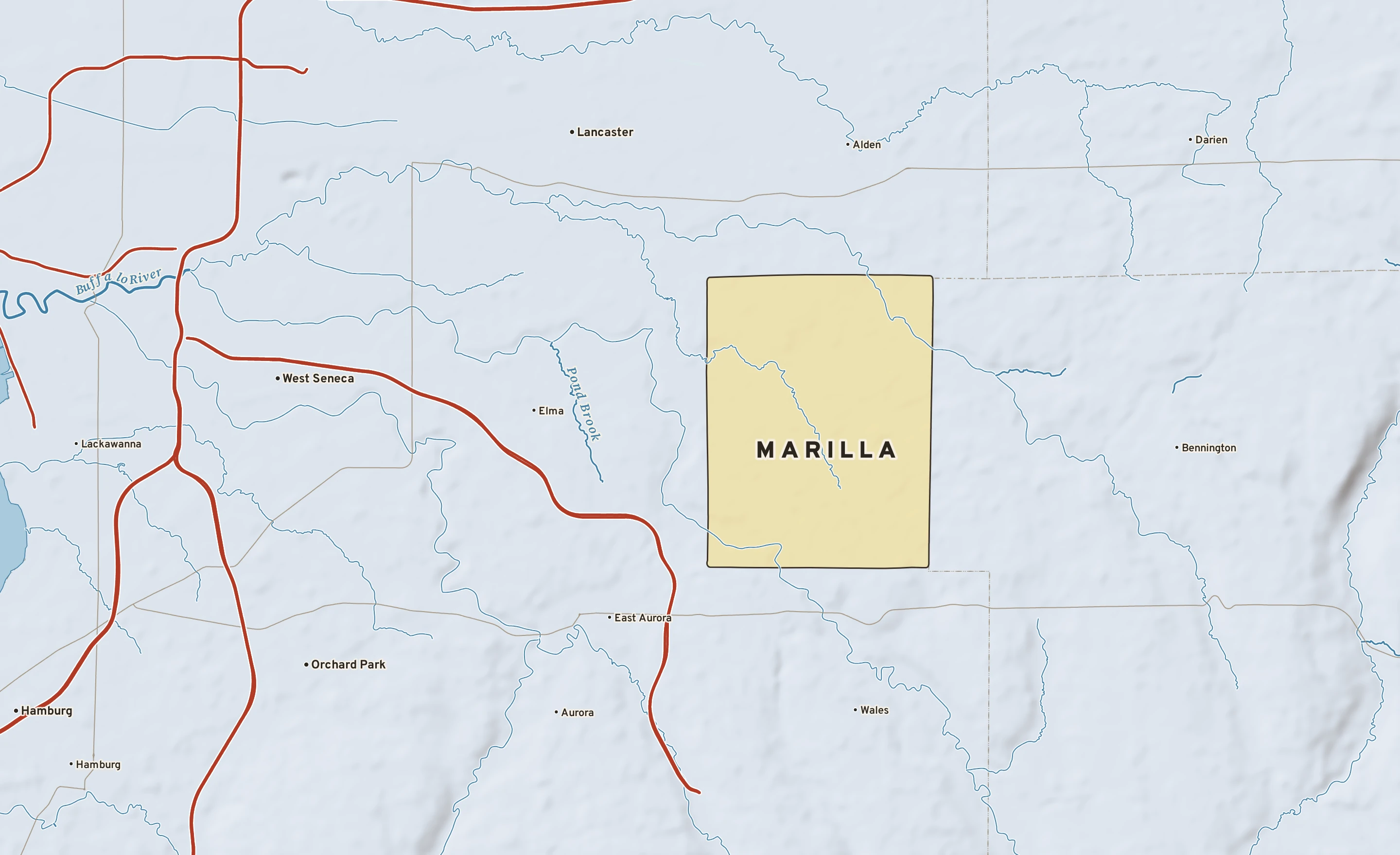Shaded-relief atlas plate of Marilla, New York: rivers, roads, the city limits and where the water drains.