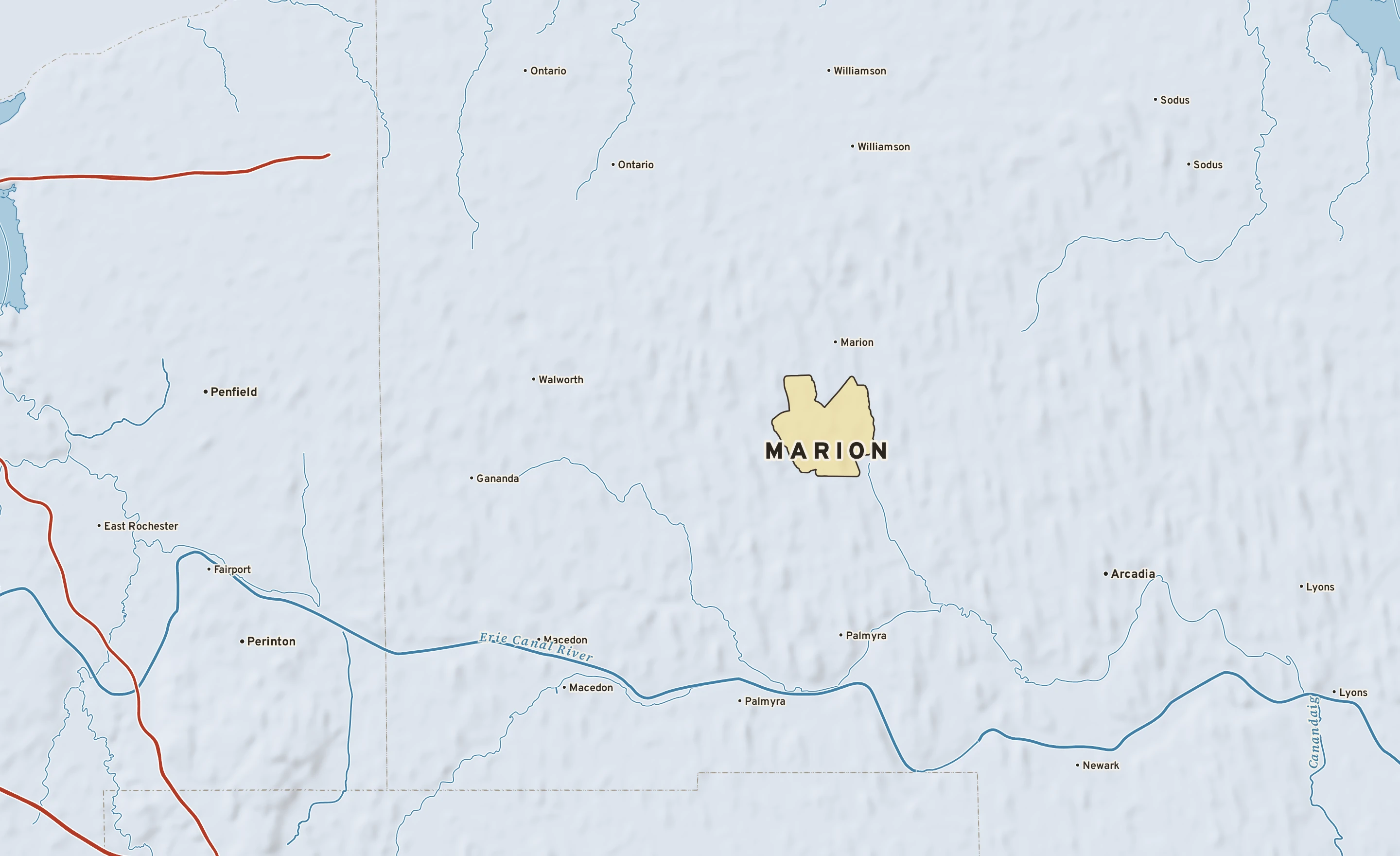 Shaded-relief atlas plate of Marion, New York: rivers, roads, the city limits and where the water drains.