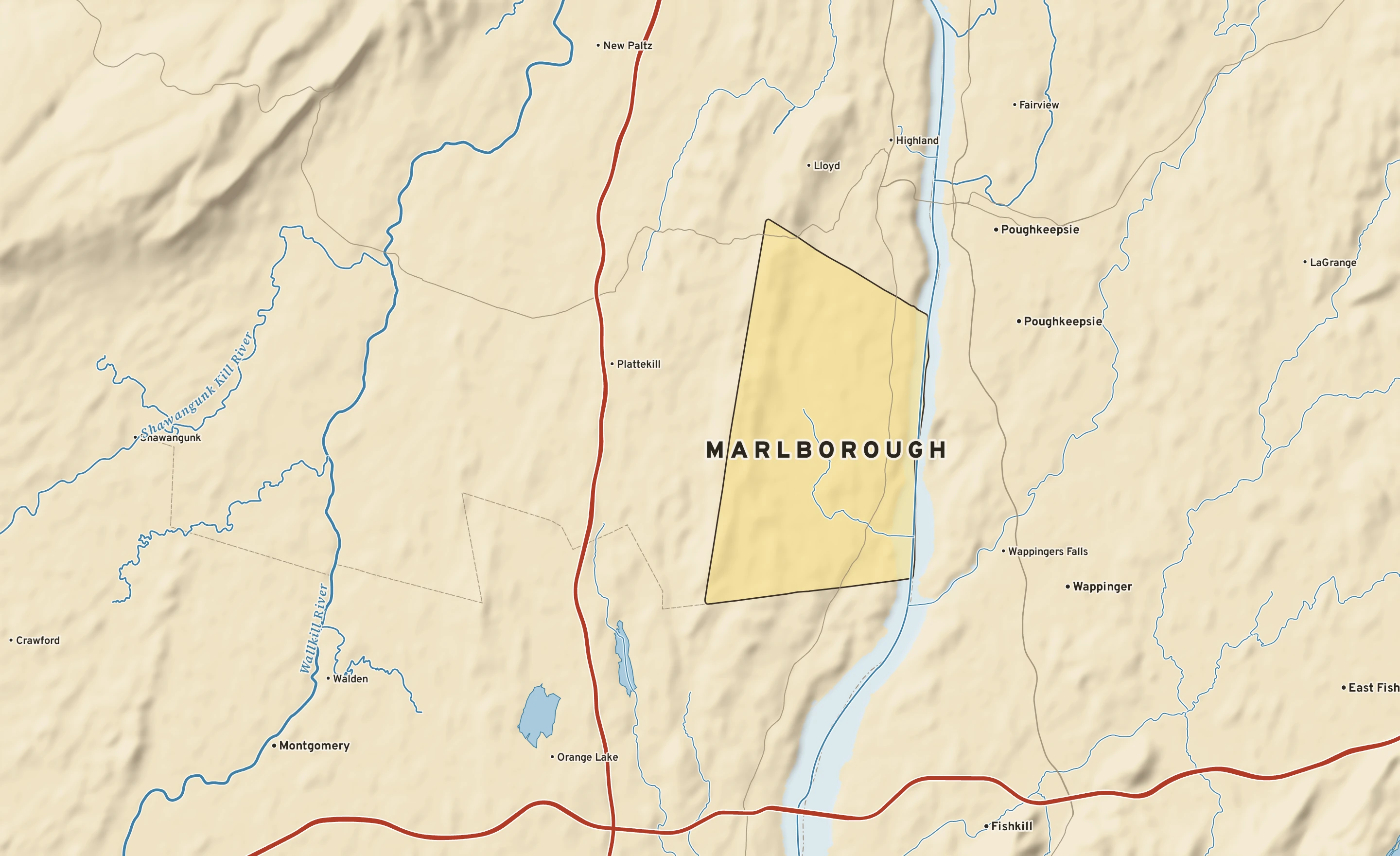 Shaded-relief atlas plate of Marlborough, New York: rivers, roads, the city limits and where the water drains.