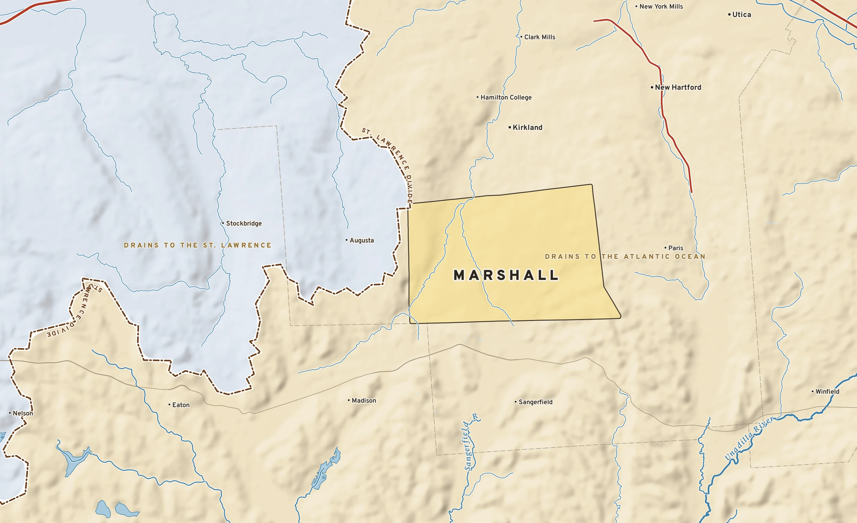 Shaded-relief atlas plate of Marshall, New York: rivers, roads, the city limits and where the water drains.