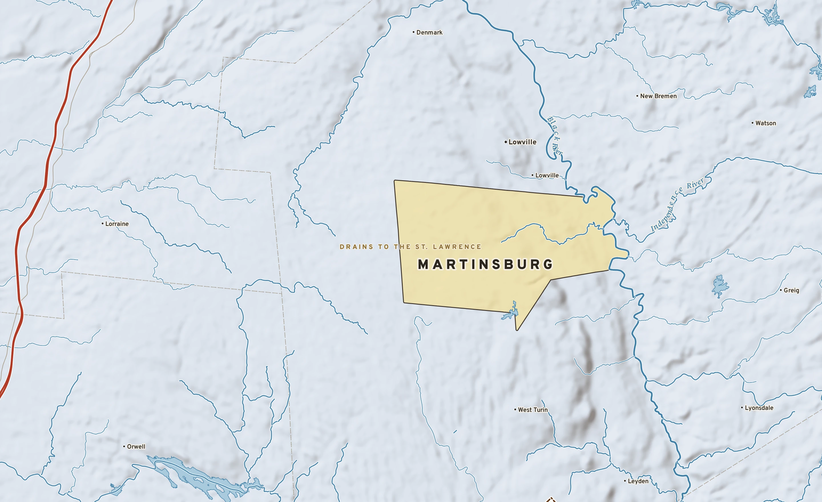 Shaded-relief atlas plate of Martinsburg, New York: rivers, roads, the city limits and where the water drains.