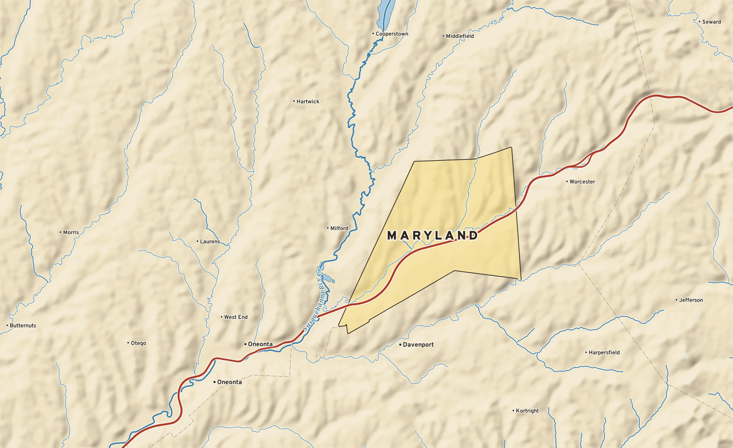 Shaded-relief atlas plate of Maryland, New York: rivers, roads, the city limits and where the water drains.
