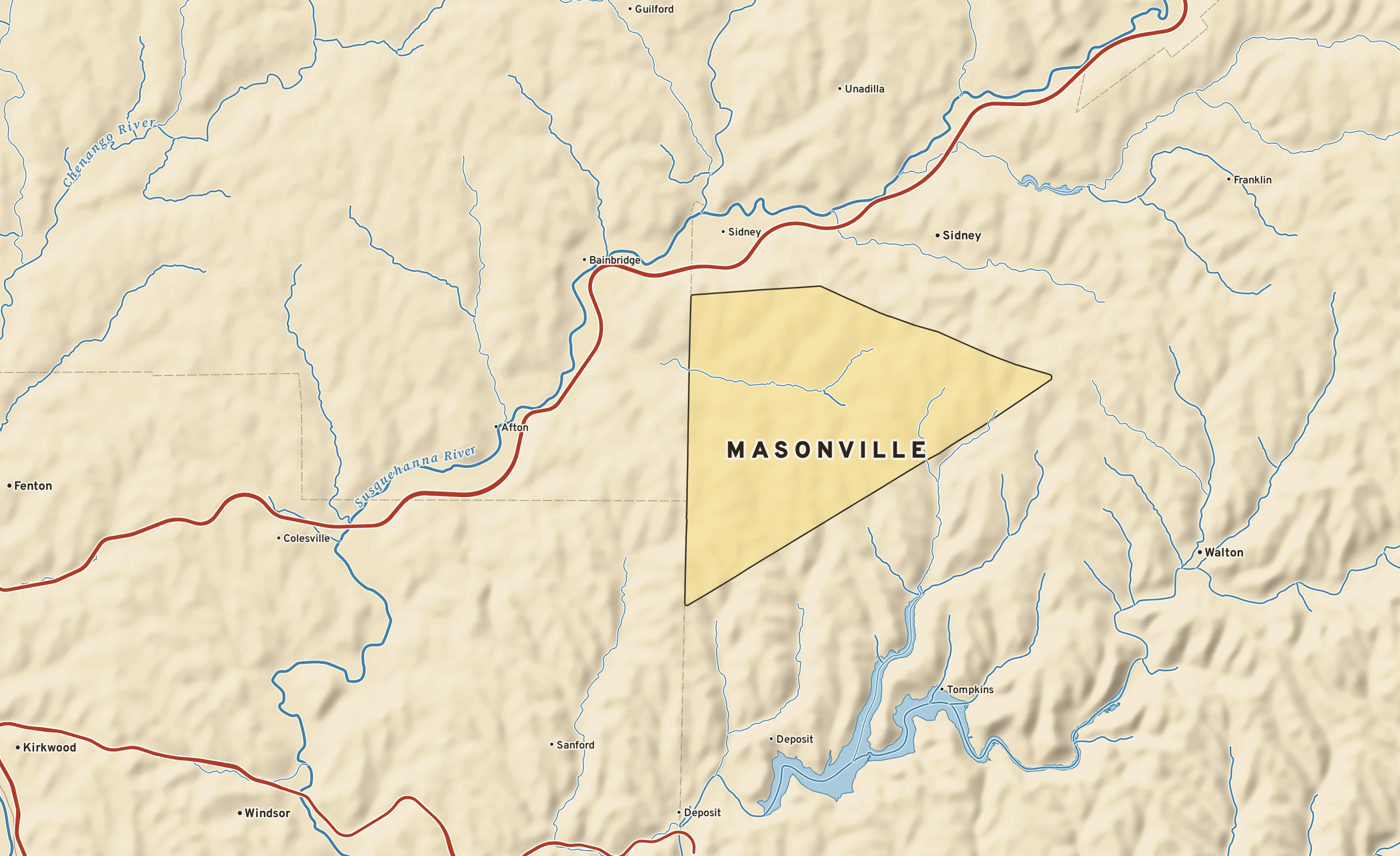Shaded-relief atlas plate of Masonville, New York: rivers, roads, the city limits and where the water drains.