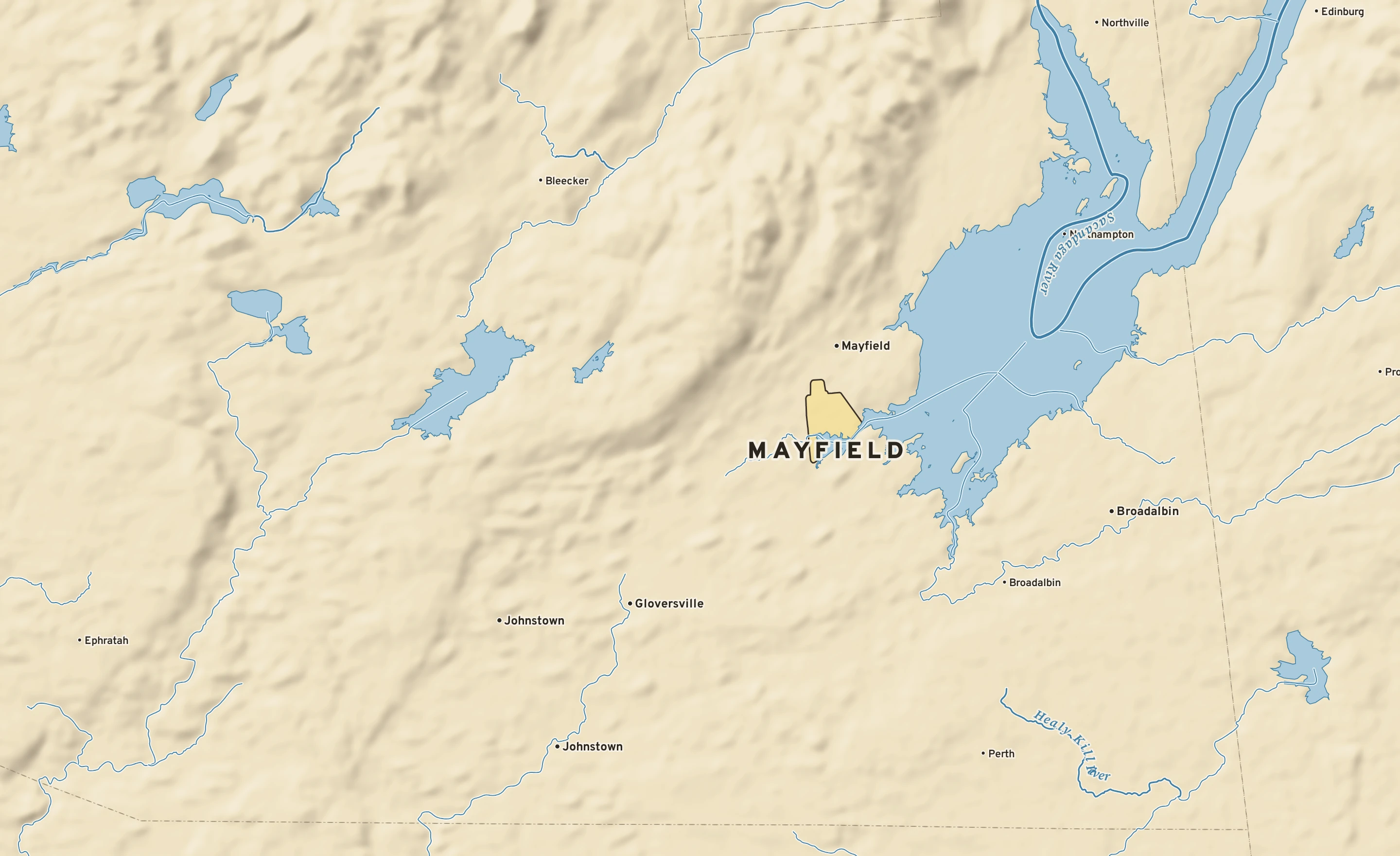 Shaded-relief atlas plate of Mayfield, New York: rivers, roads, the city limits and where the water drains.